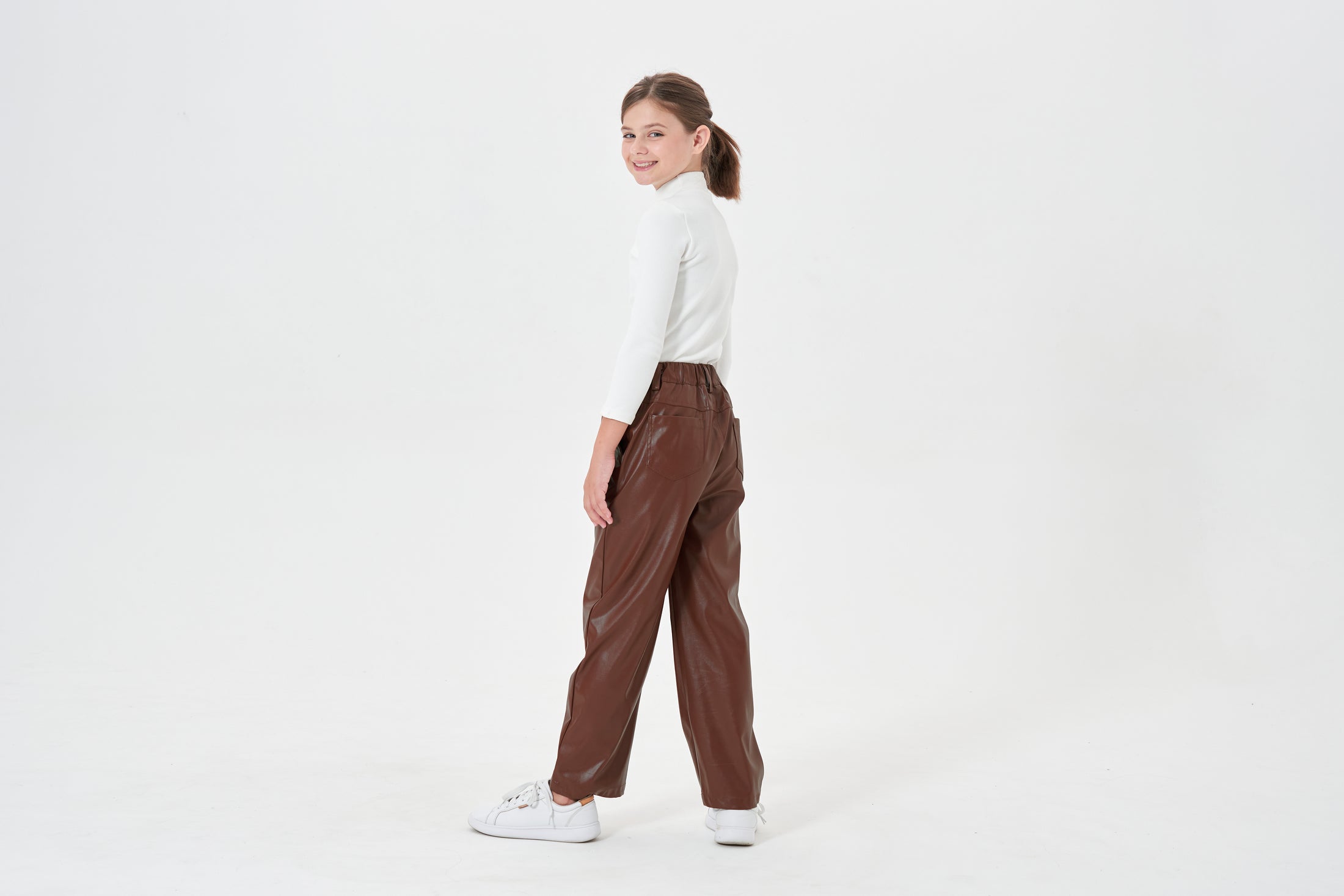 Girls Faux Leather Pants Straight Wide Leg Streetwear Trousers with Pockets