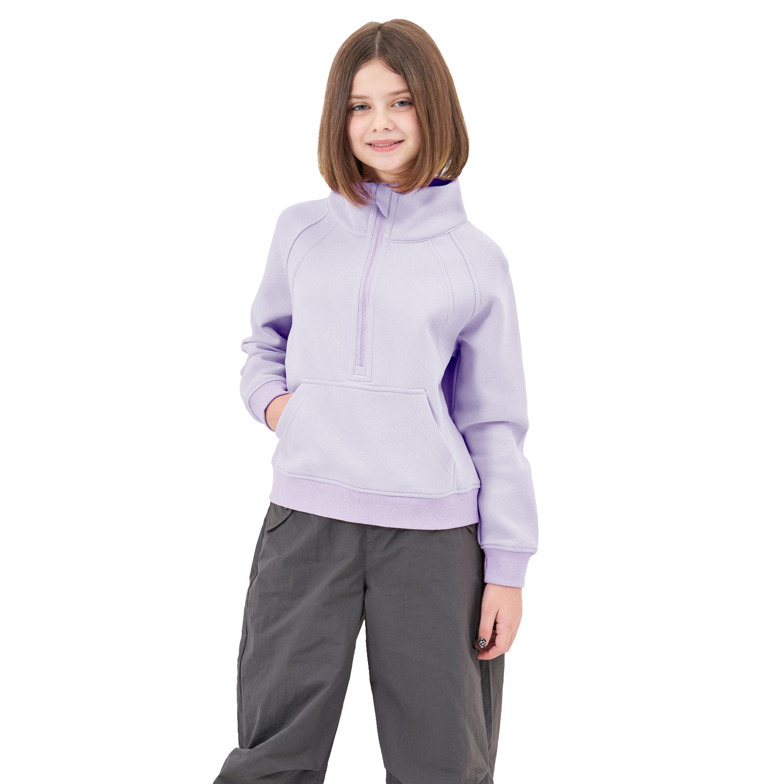 Girls Solid Color Half Zip Half High Neck Sweatshirt