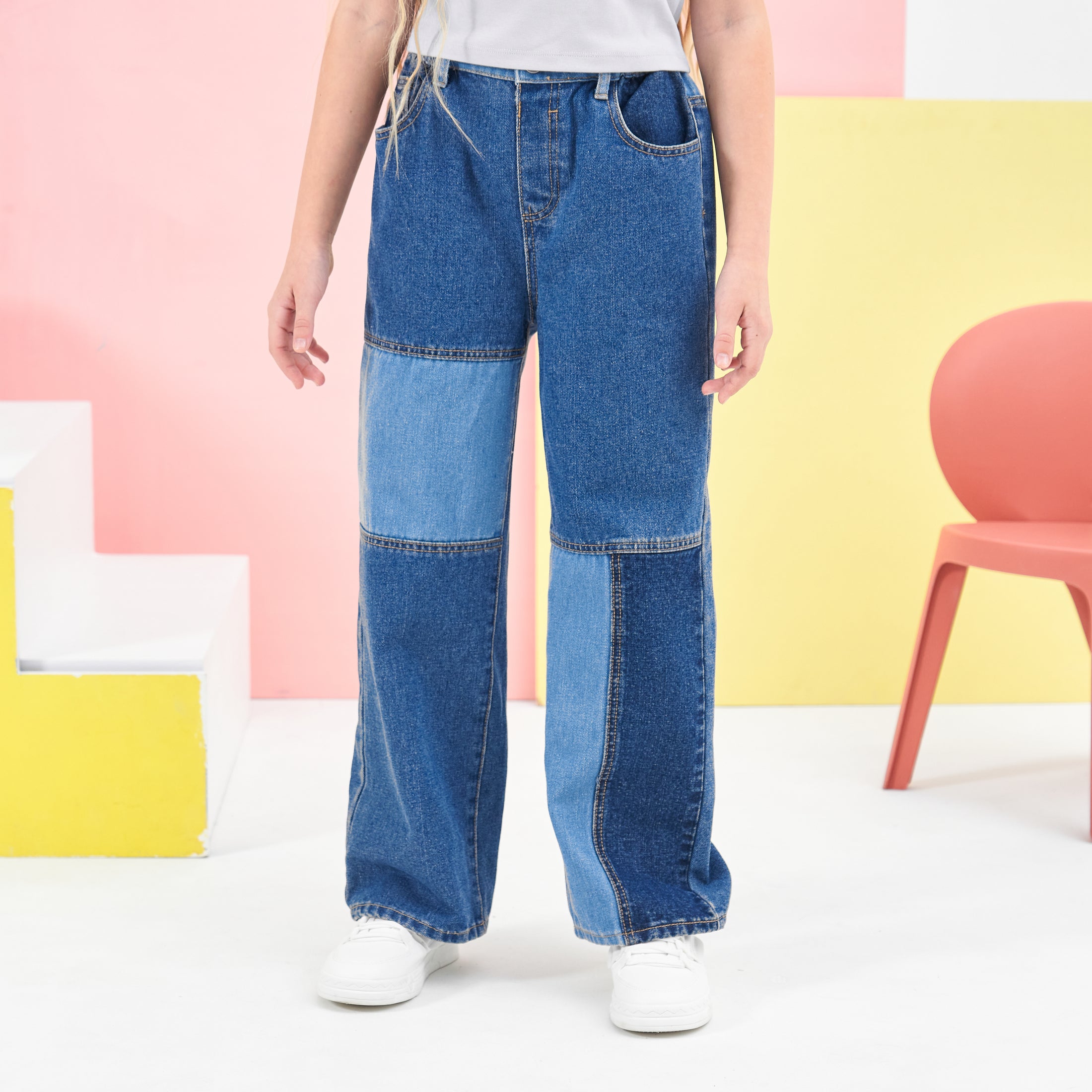 Girls Colour Block Patchwork Jeans