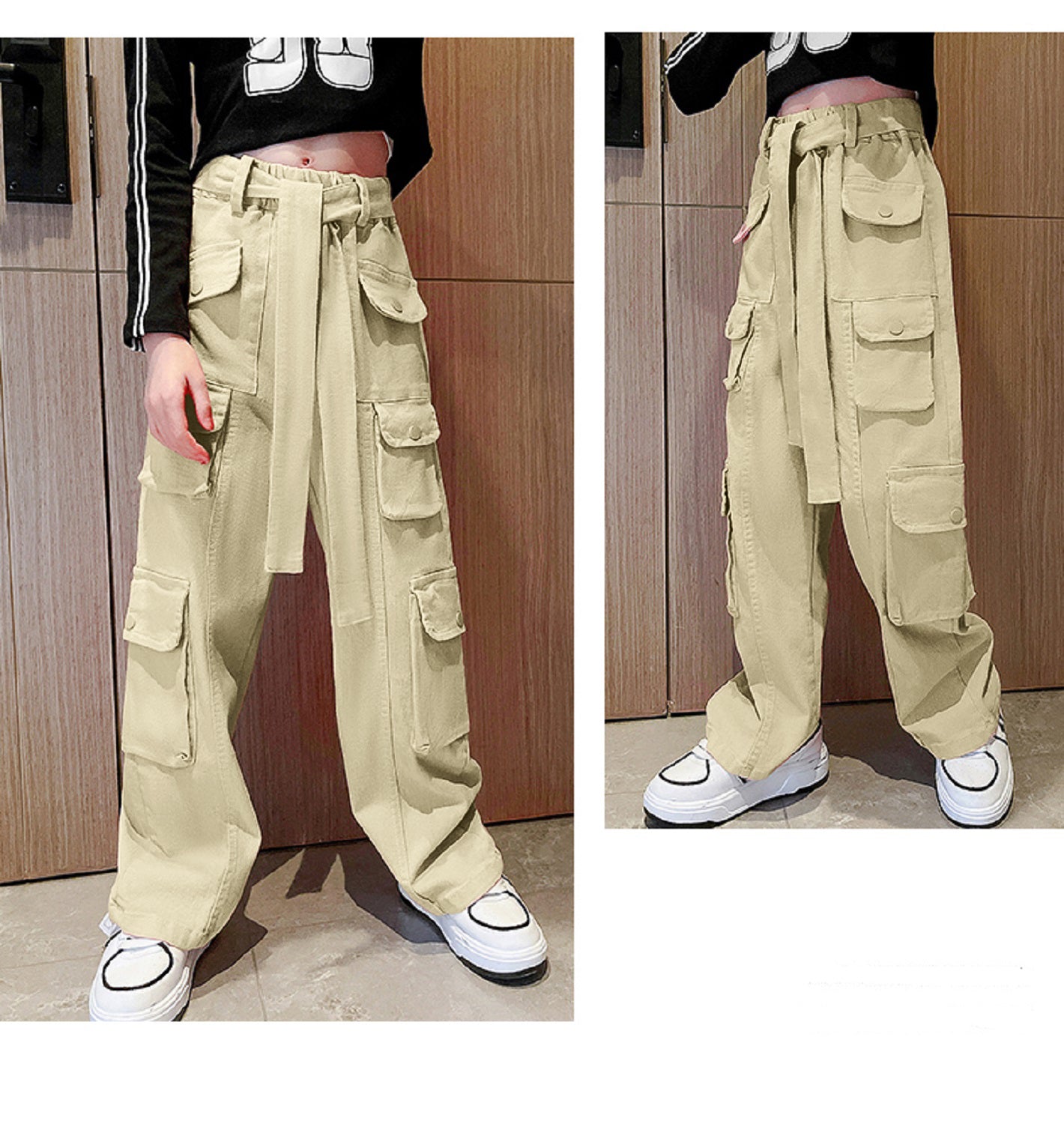 Girl's Casual High Waist Baggy Wide Leg Cargo Pants