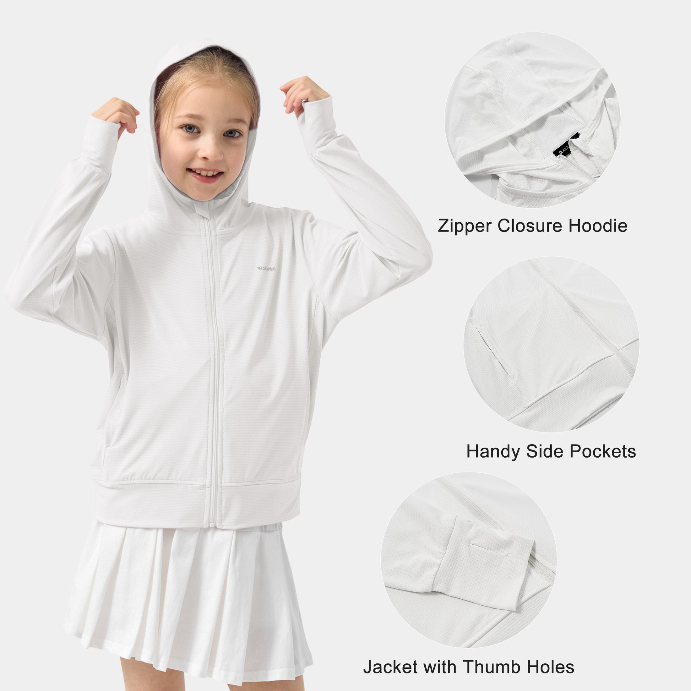 Rolanko Kids Zip Up Sun Hoodie UPF50+ with Thumbholes