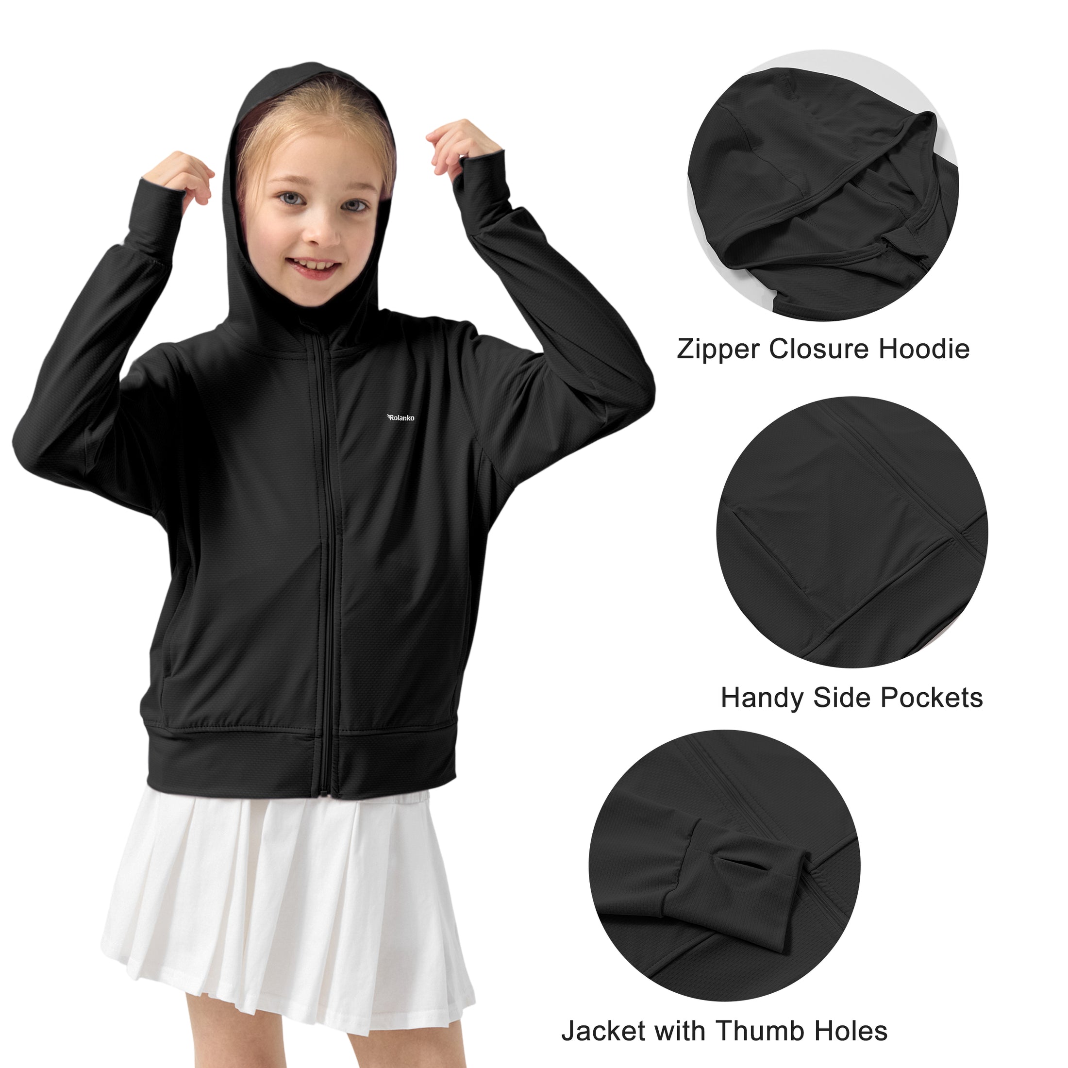 Rolanko Kids Zip Up Sun Hoodie UPF50+ with Thumbholes
