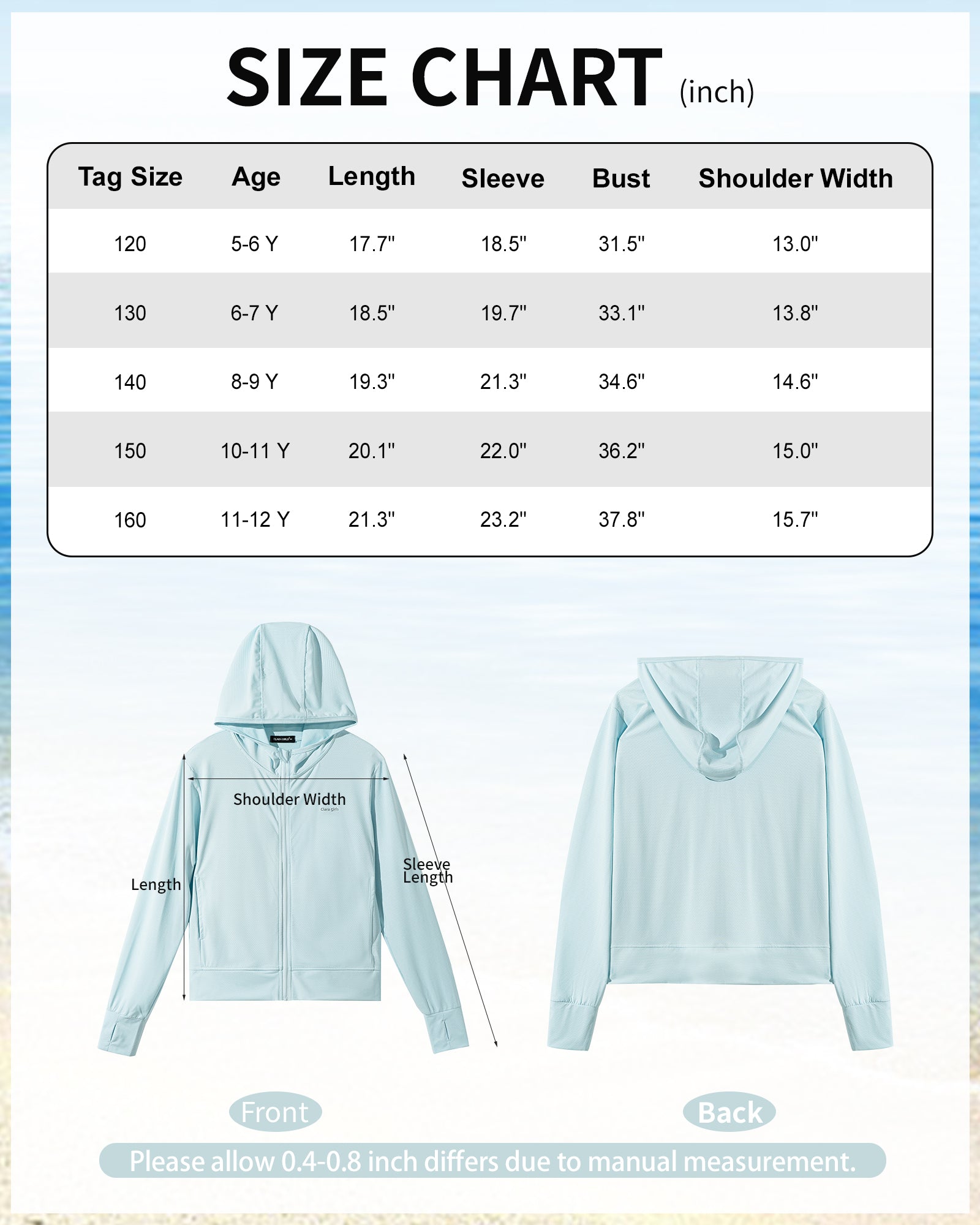 Rolanko Kids Zip Up Sun Hoodie UPF50+ with Thumbholes