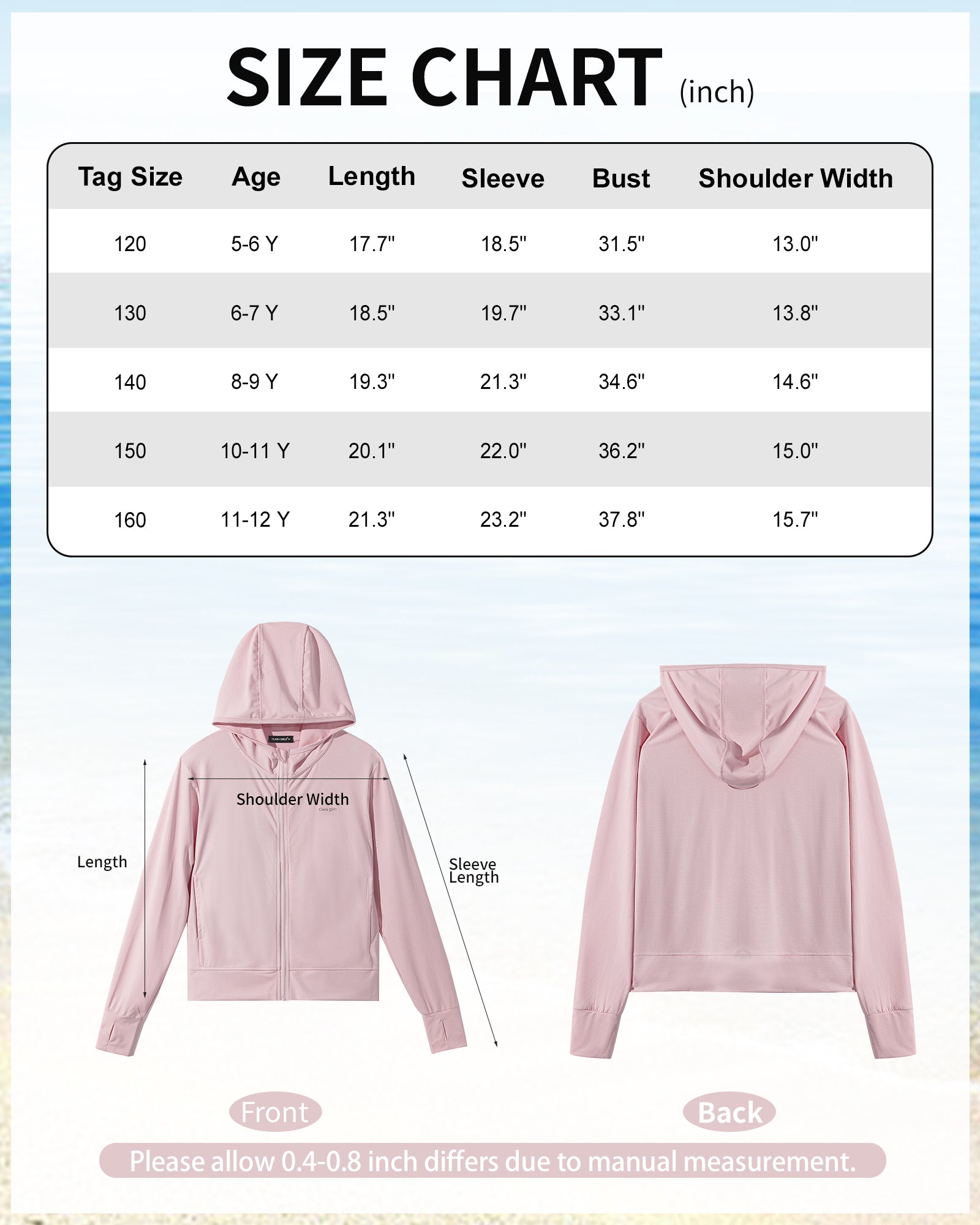 Rolanko Kids Zip Up Sun Hoodie UPF50+ with Thumbholes