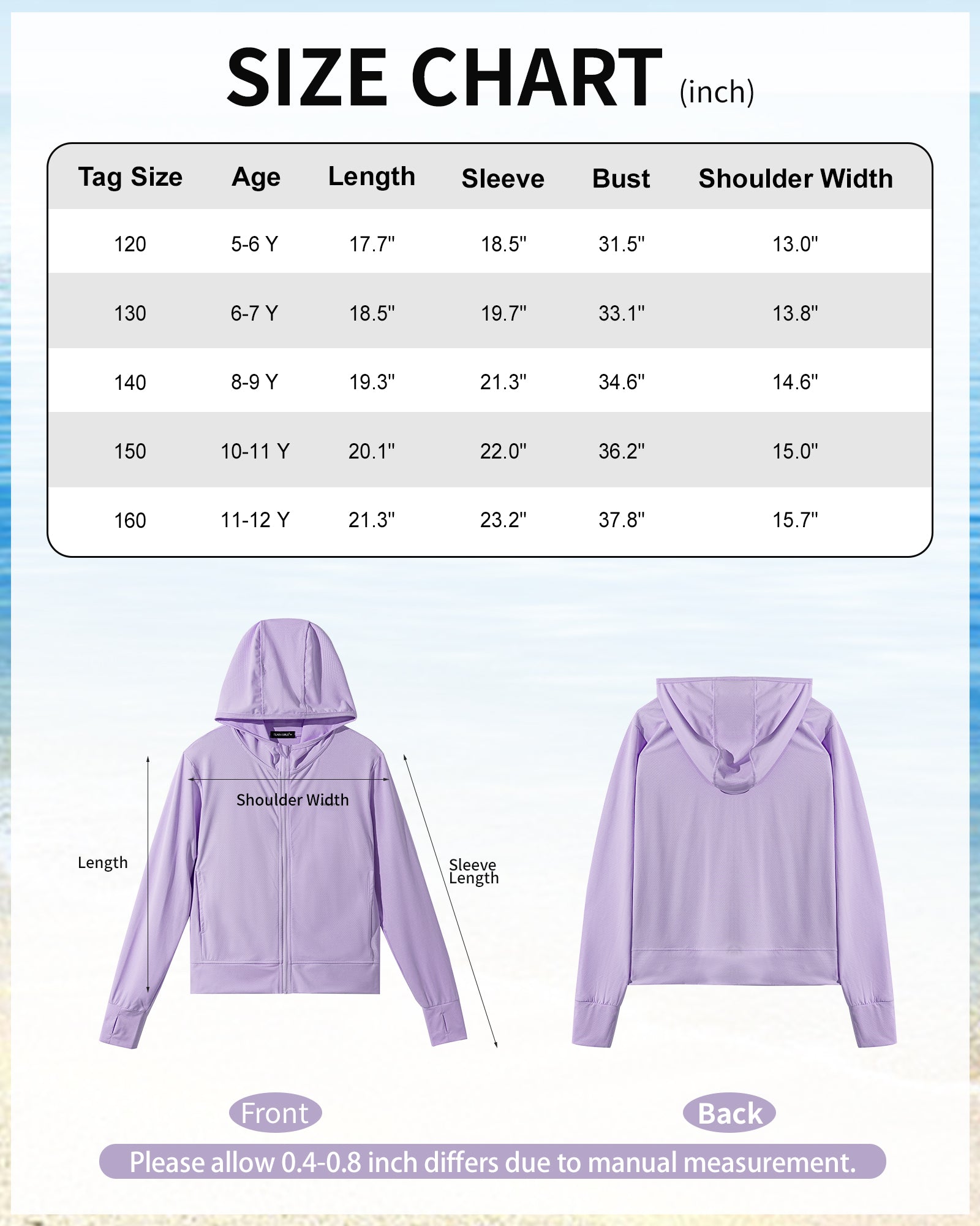 Rolanko Kids Zip Up Sun Hoodie UPF50+ with Thumbholes