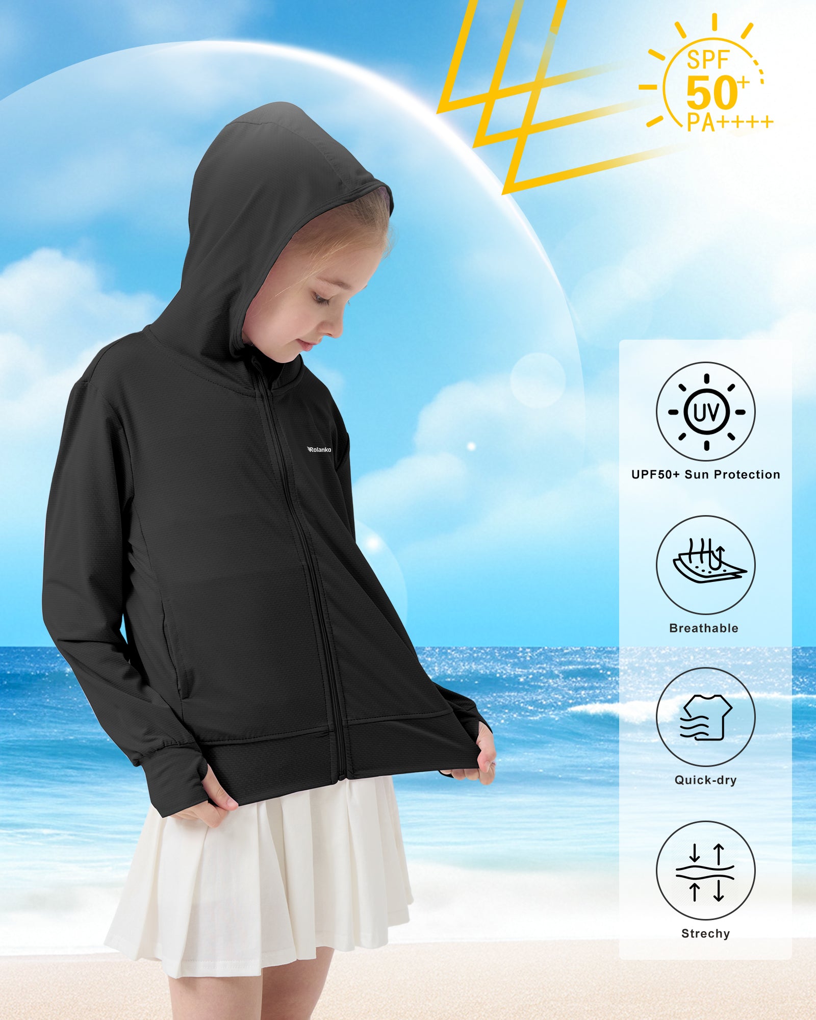Rolanko Kids Zip Up Sun Hoodie UPF50+ with Thumbholes