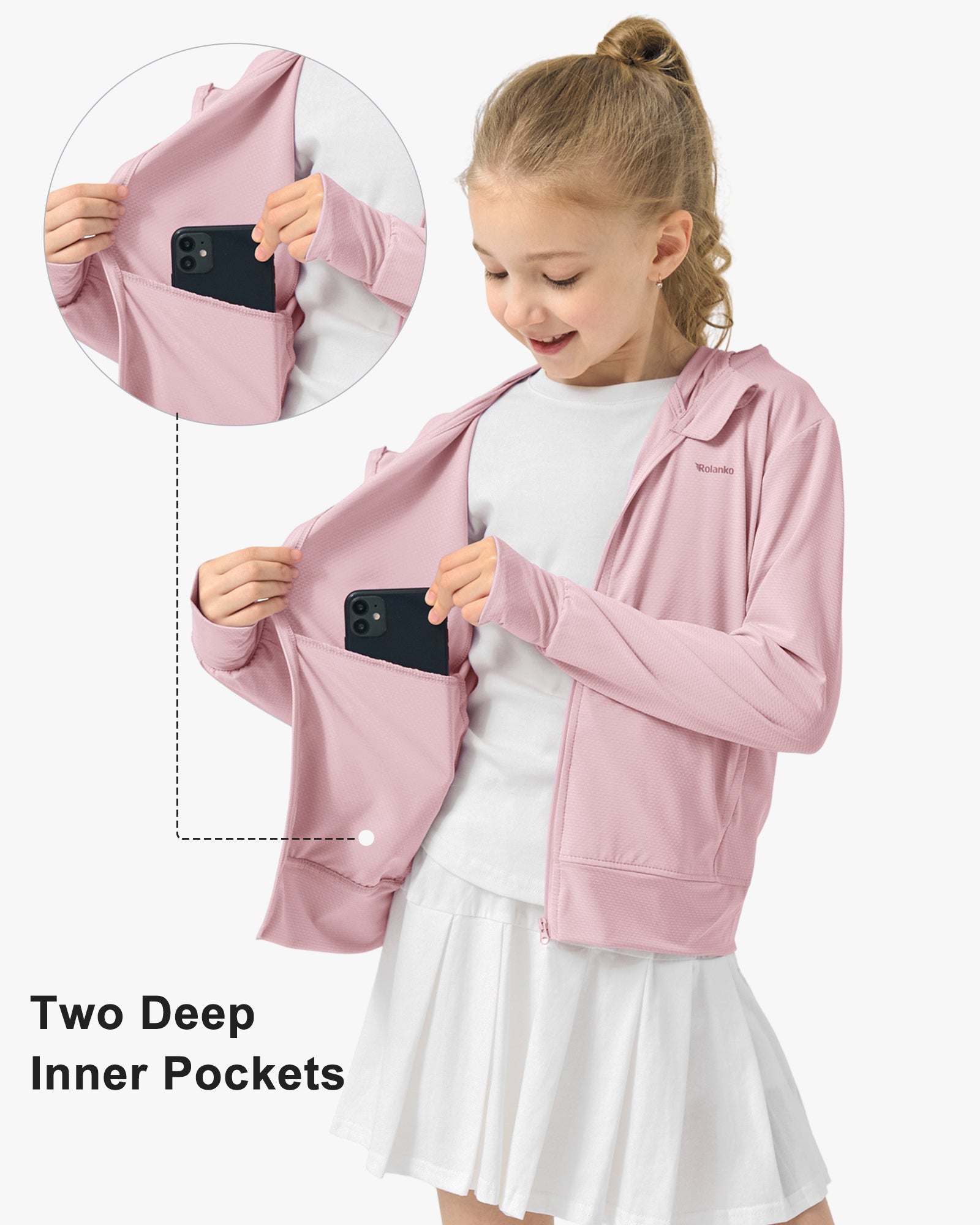 Rolanko Kids Zip Up Sun Hoodie UPF50+ with Thumbholes