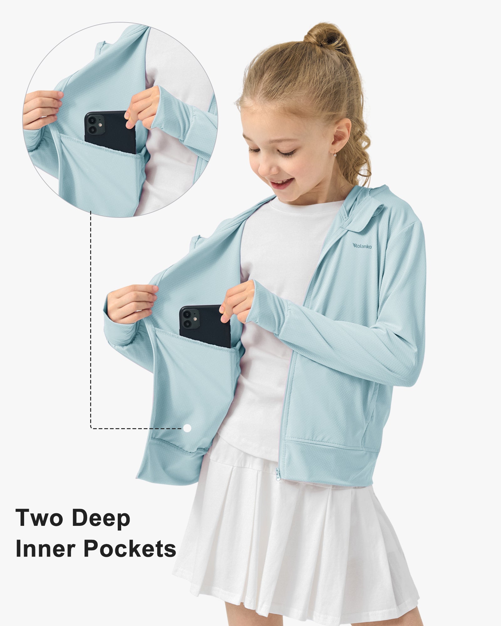Rolanko Kids Zip Up Sun Hoodie UPF50+ with Thumbholes