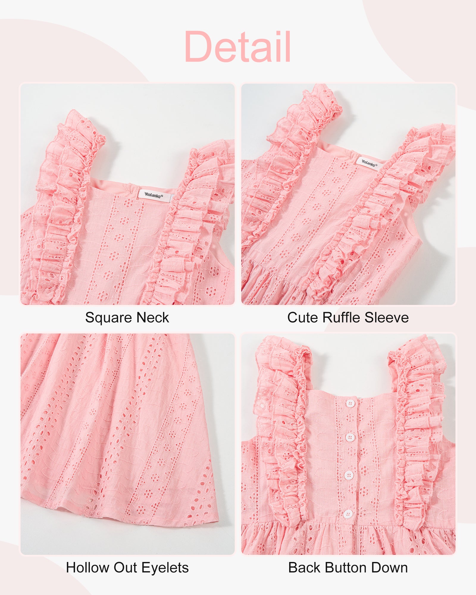 Rolanko Girls Ruffle Sleeve Square Neck Hollow Out Eyelet A Line Beach Vacation dress
