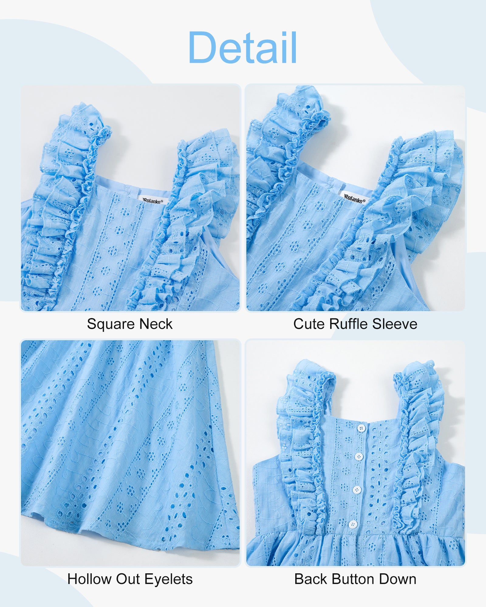 Rolanko Girls Ruffle Sleeve Square Neck Hollow Out Eyelet A Line Beach Vacation dress