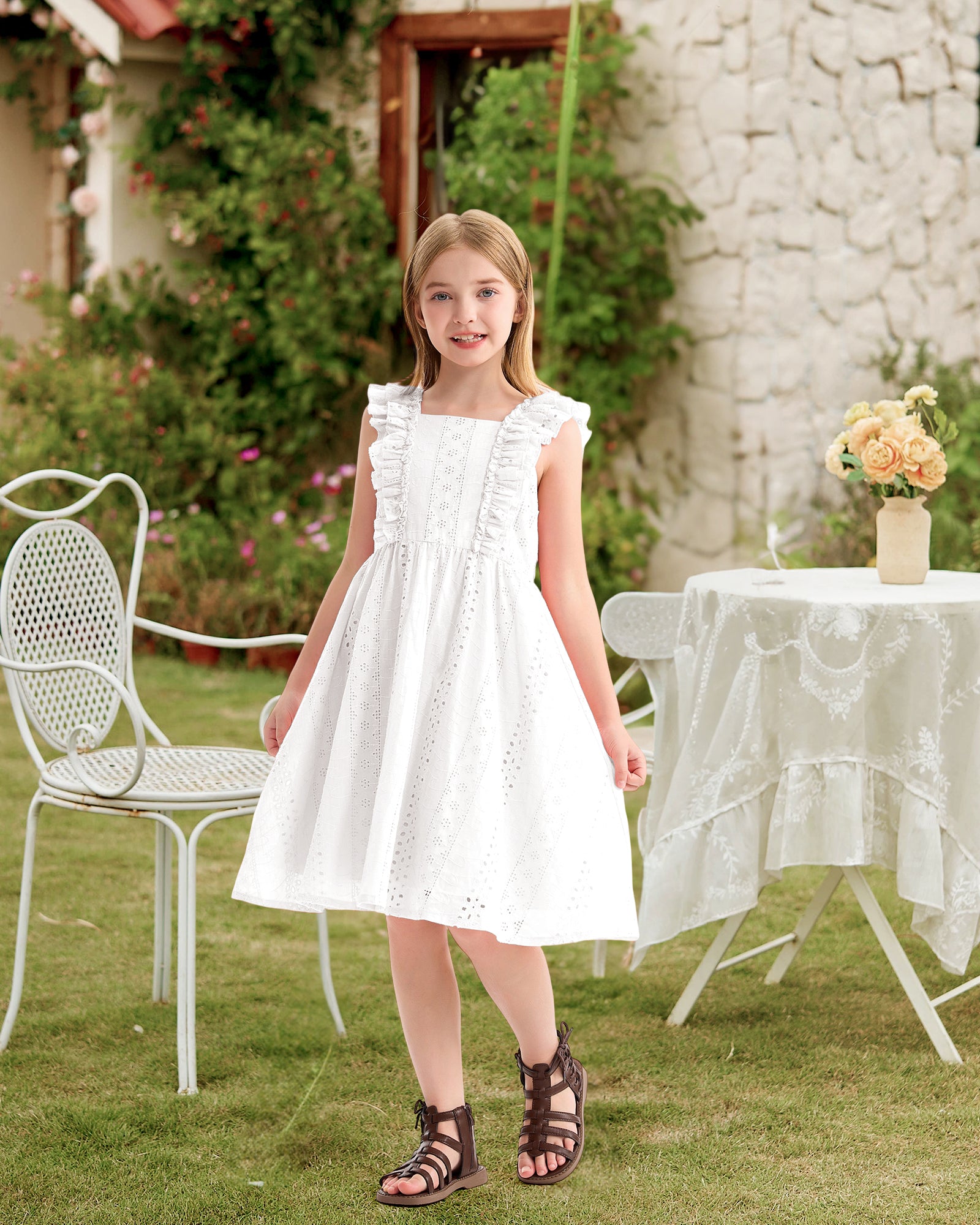 Rolanko Girls Ruffle Sleeve Square Neck Hollow Out Eyelet A Line Beach Vacation dress