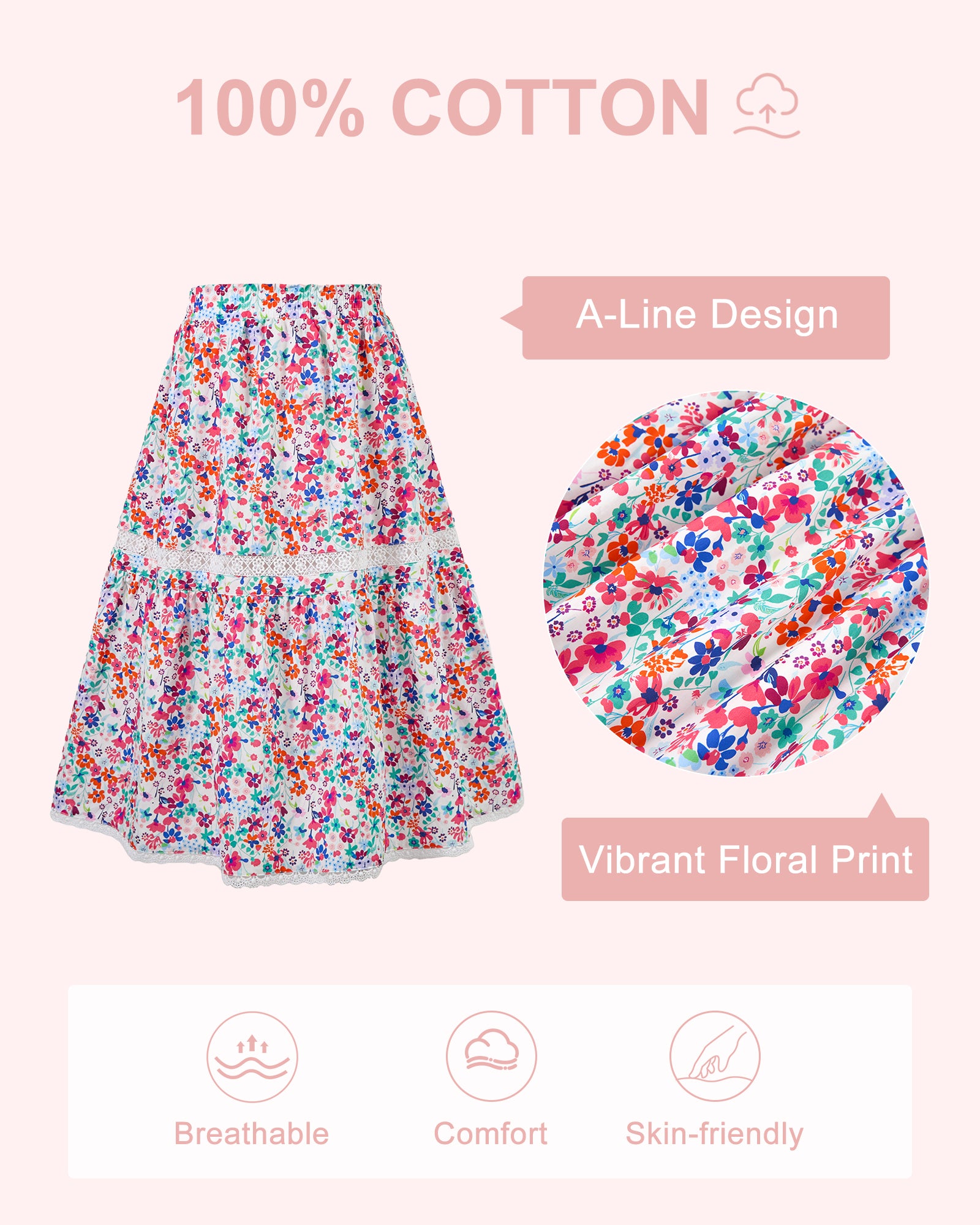 Rolanko Girls Floral Print A-Line High Waist Tiered Boho Maxi Skirt with Lace Trim