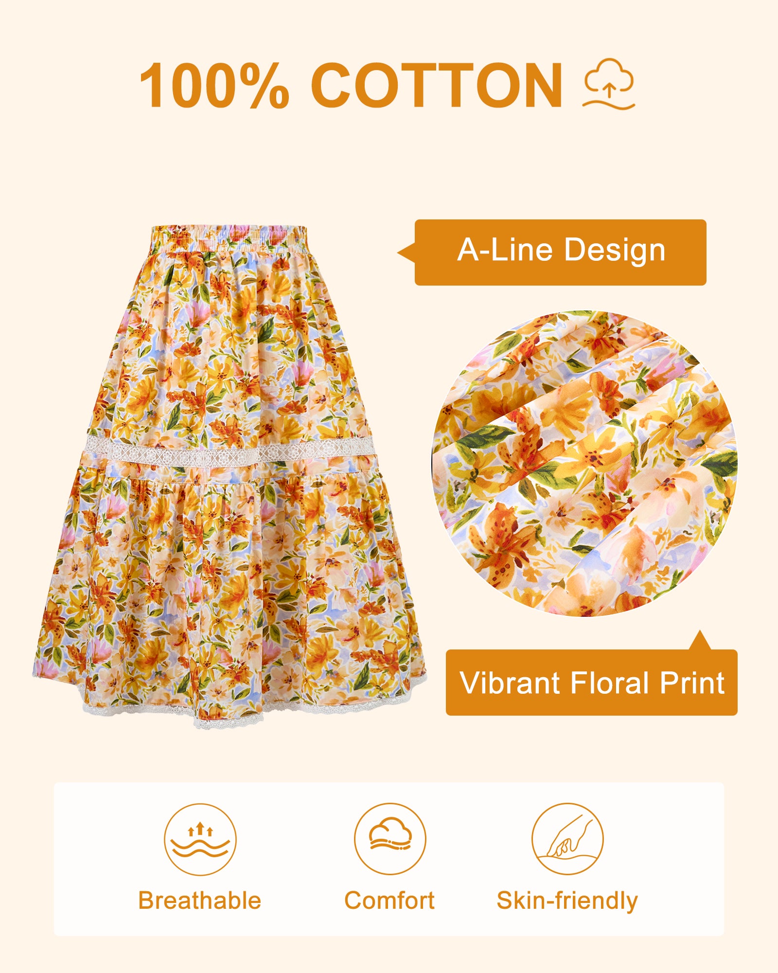 Rolanko Girls Floral Print A-Line High Waist Tiered Boho Maxi Skirt with Lace Trim