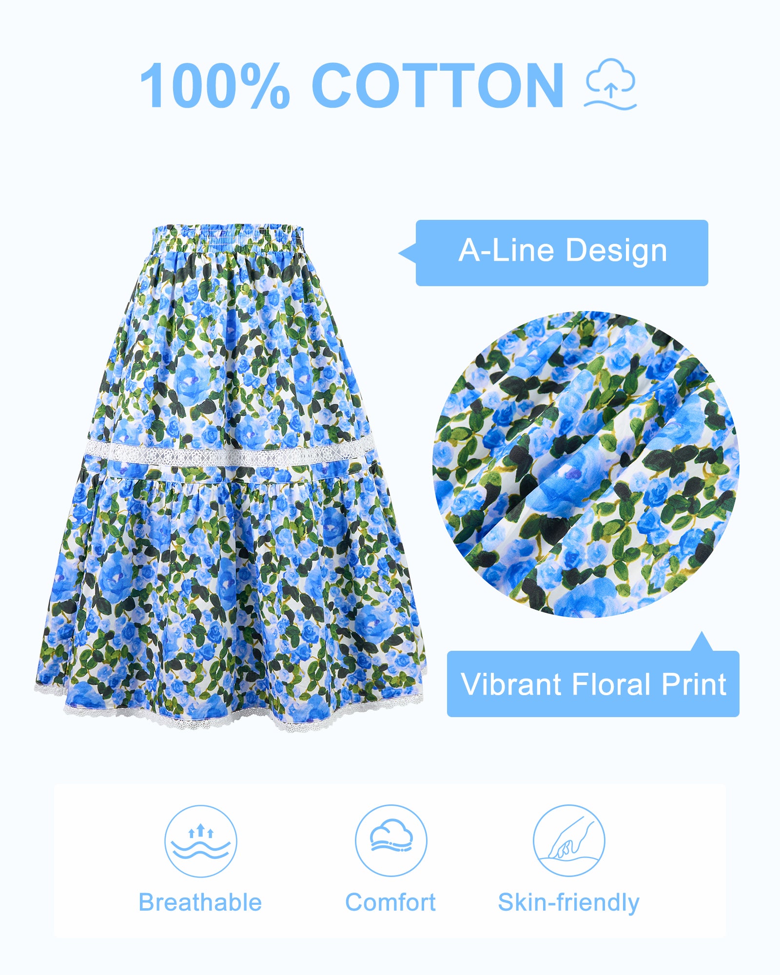 Rolanko Girls Floral Print A-Line High Waist Tiered Boho Maxi Skirt with Lace Trim