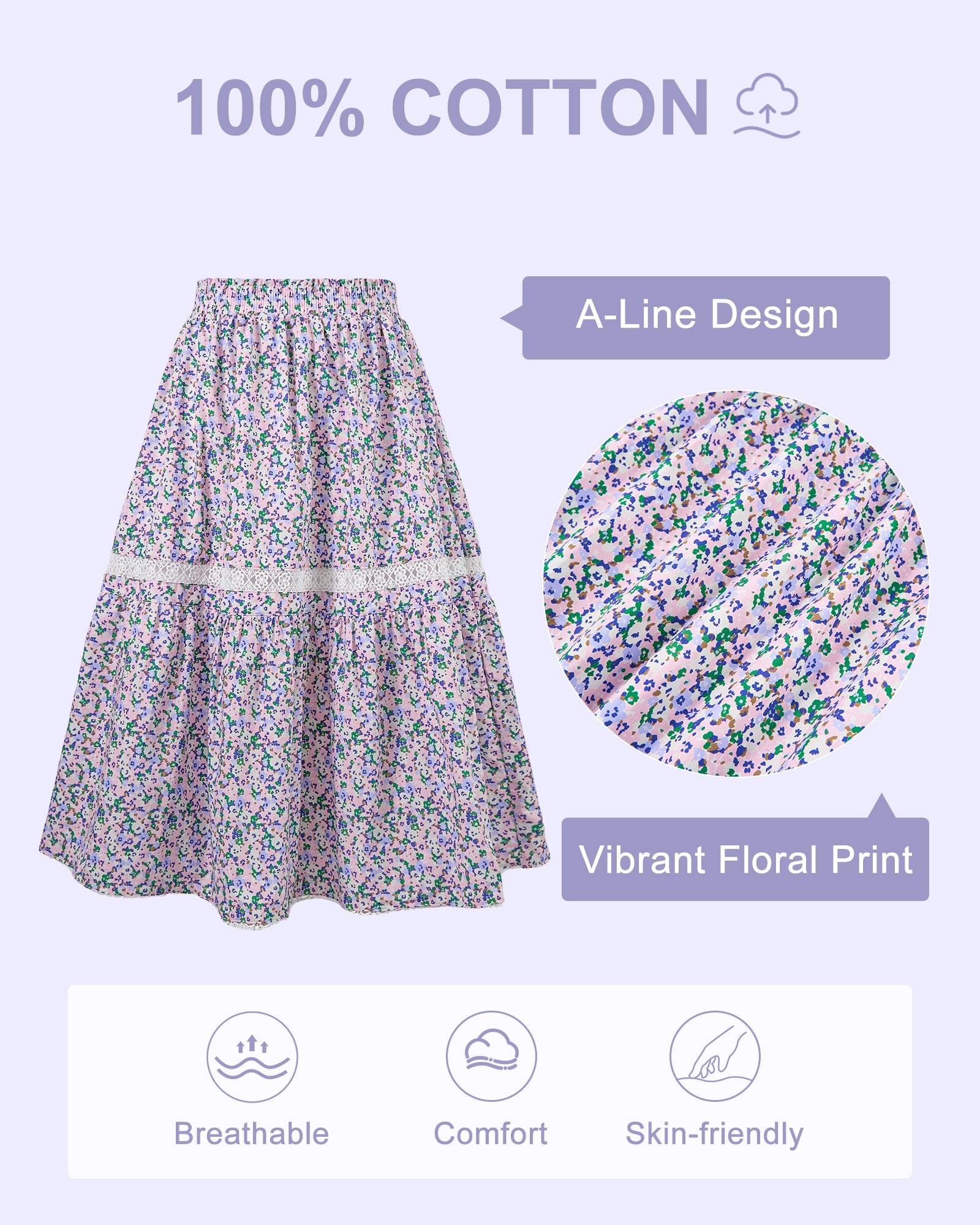 Rolanko Girls Floral Print A-Line High Waist Tiered Boho Maxi Skirt with Lace Trim
