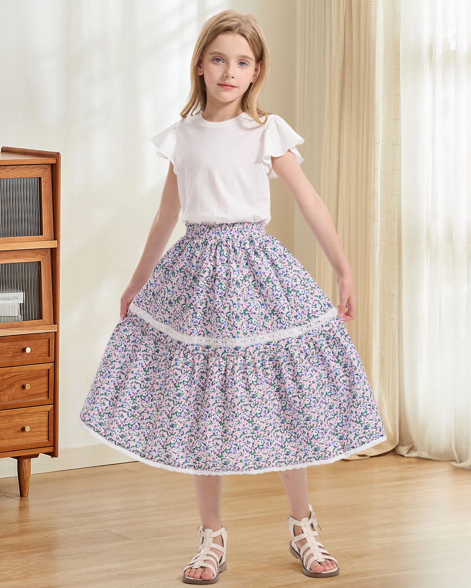 Rolanko Girls Floral Print A-Line High Waist Tiered Boho Maxi Skirt with Lace Trim