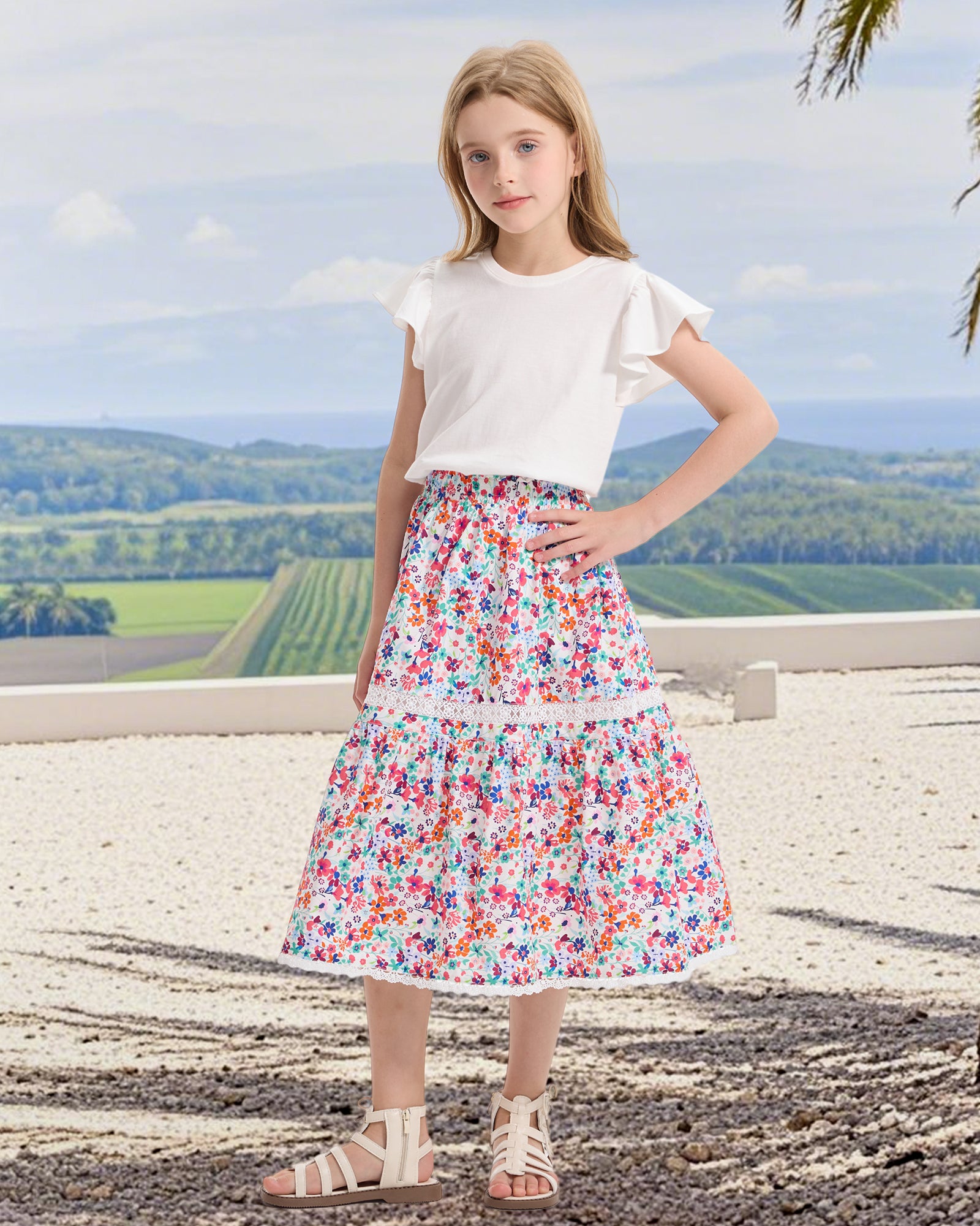 Rolanko Girls Floral Print A-Line High Waist Tiered Boho Maxi Skirt with Lace Trim