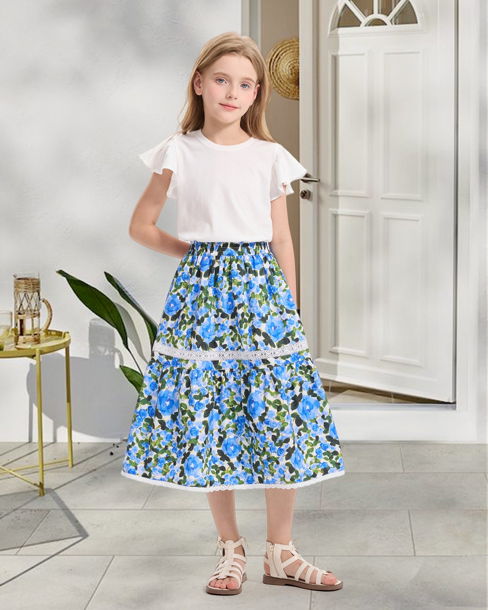 Rolanko Girls Floral Print A-Line High Waist Tiered Boho Maxi Skirt with Lace Trim