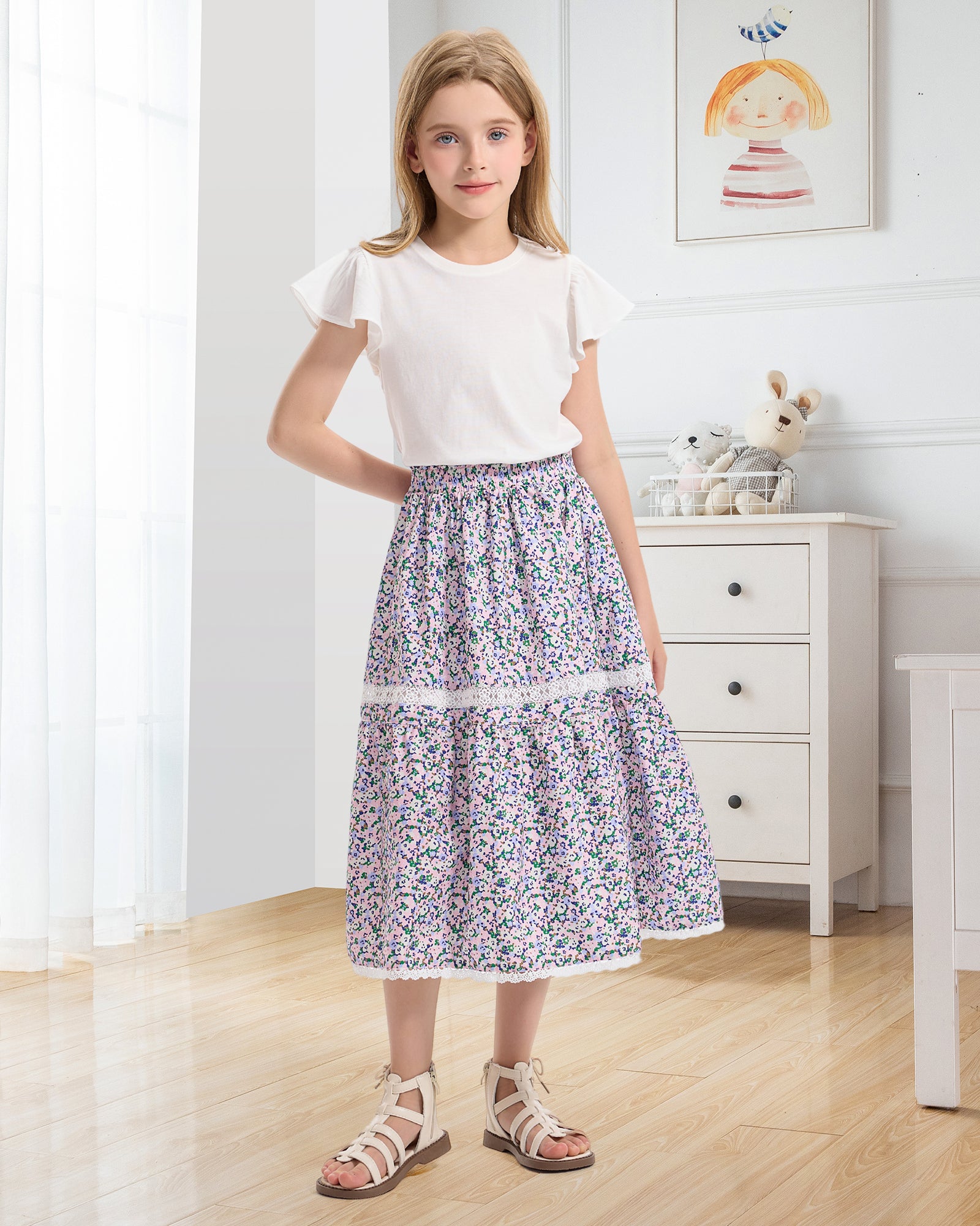 Rolanko Girls Floral Print A-Line High Waist Tiered Boho Maxi Skirt with Lace Trim