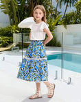 Load image into Gallery viewer, Rolanko Girls Floral Print A-Line High Waist Tiered Boho Maxi Skirt with Lace Trim

