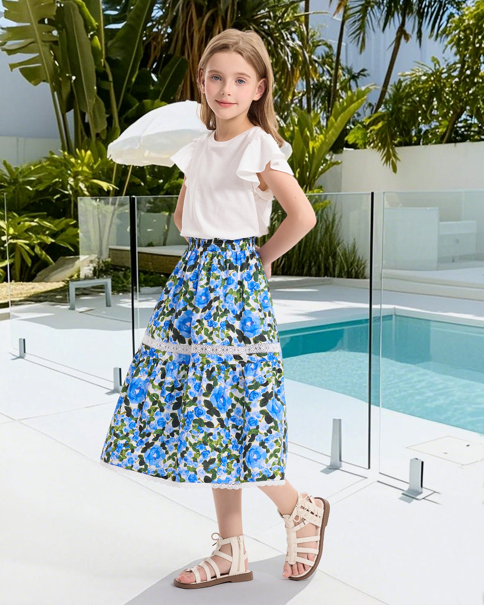 Rolanko Girls Floral Print A-Line High Waist Tiered Boho Maxi Skirt with Lace Trim