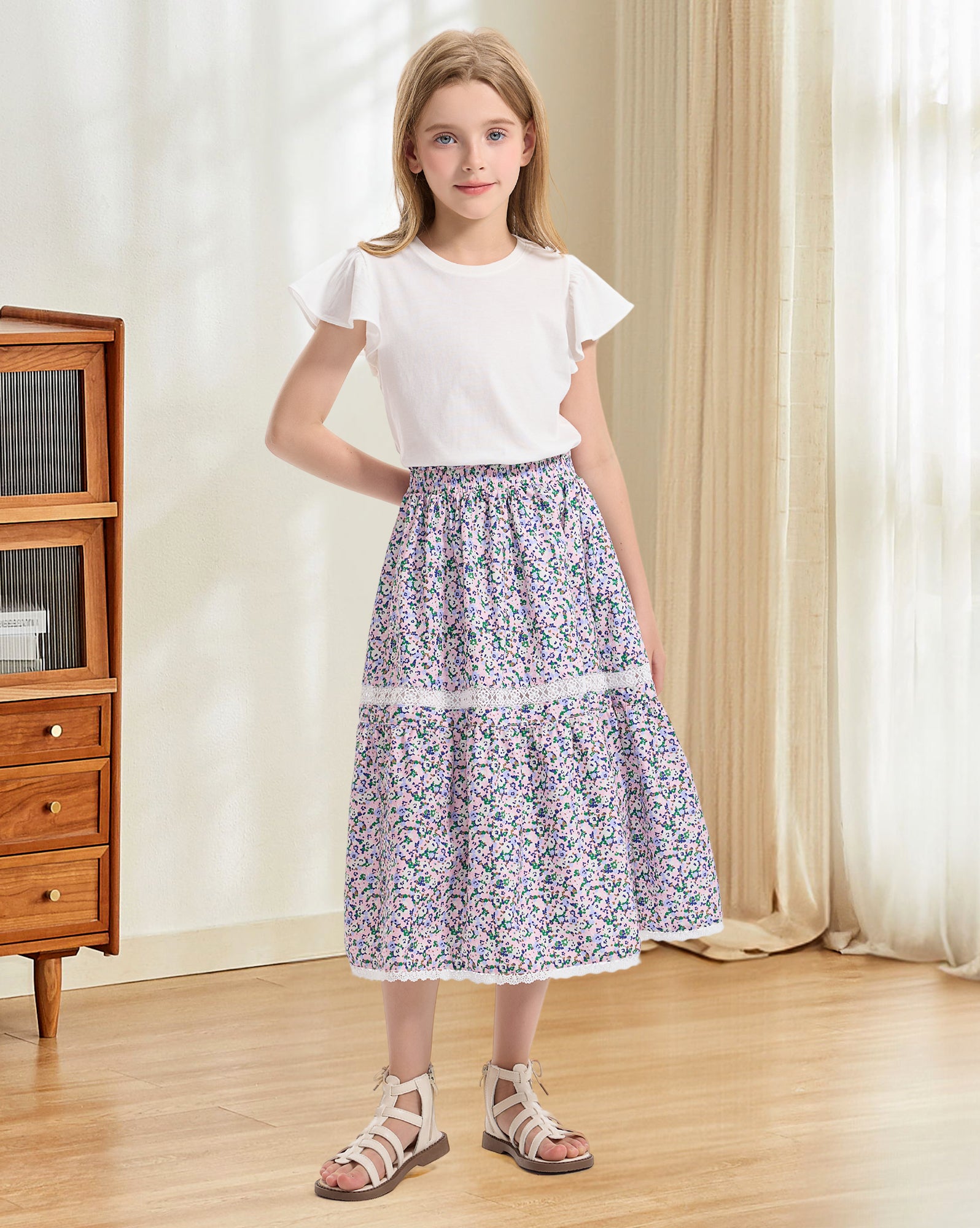 Rolanko Girls Floral Print A-Line High Waist Tiered Boho Maxi Skirt with Lace Trim
