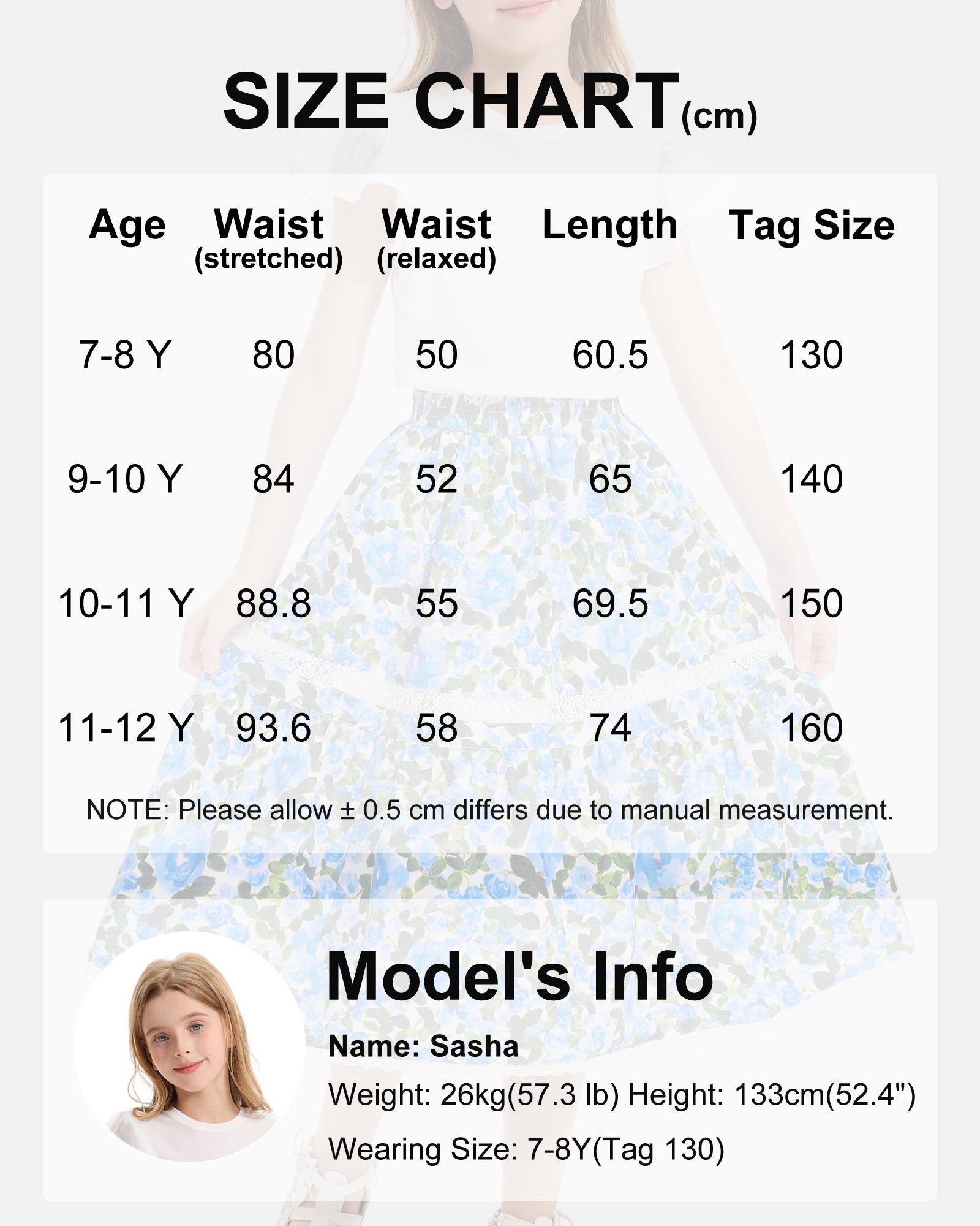 Rolanko Girls Floral Print A-Line High Waist Tiered Boho Maxi Skirt with Lace Trim