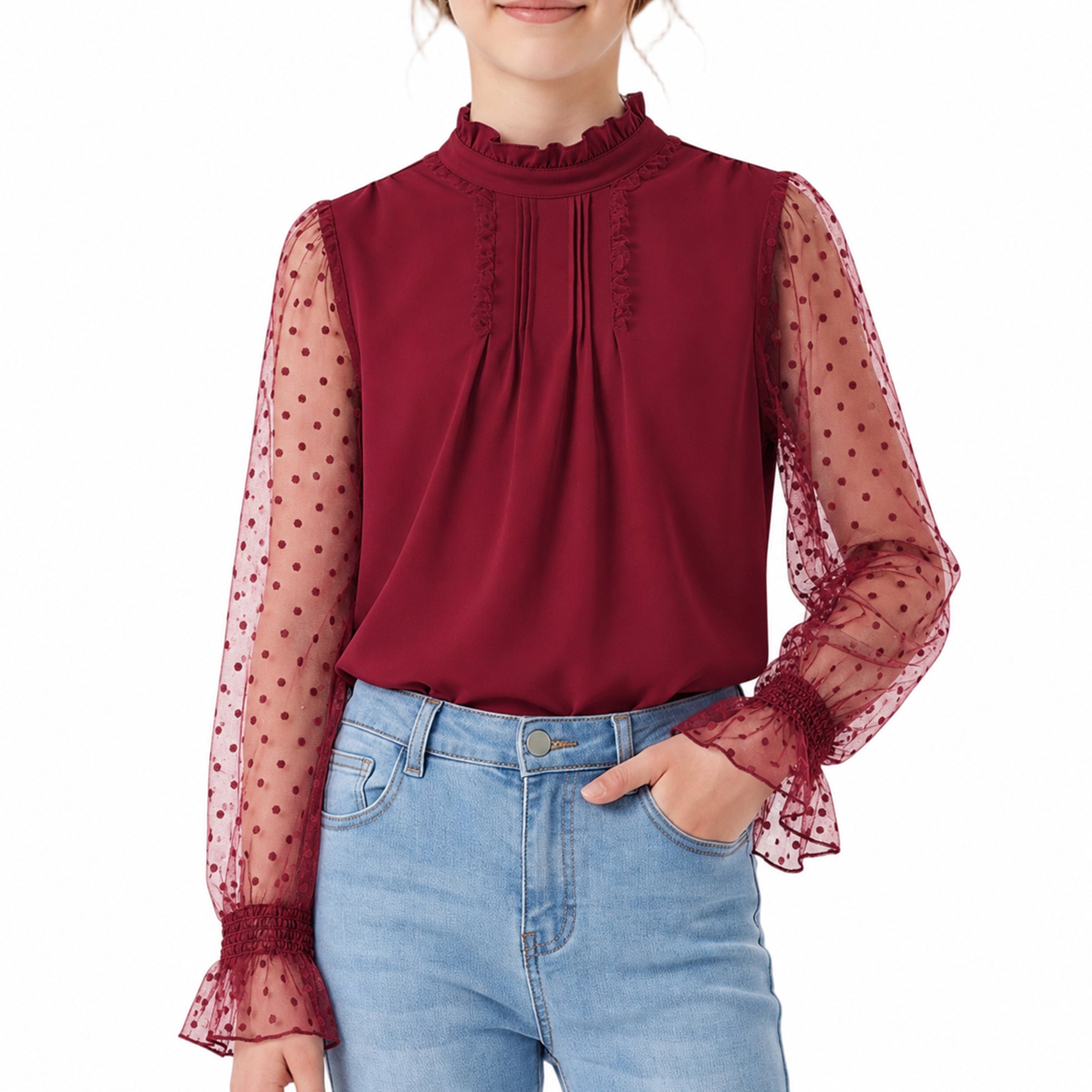 Girls Long Sleeve Shirts Chiffon Blouses with Polka Dot