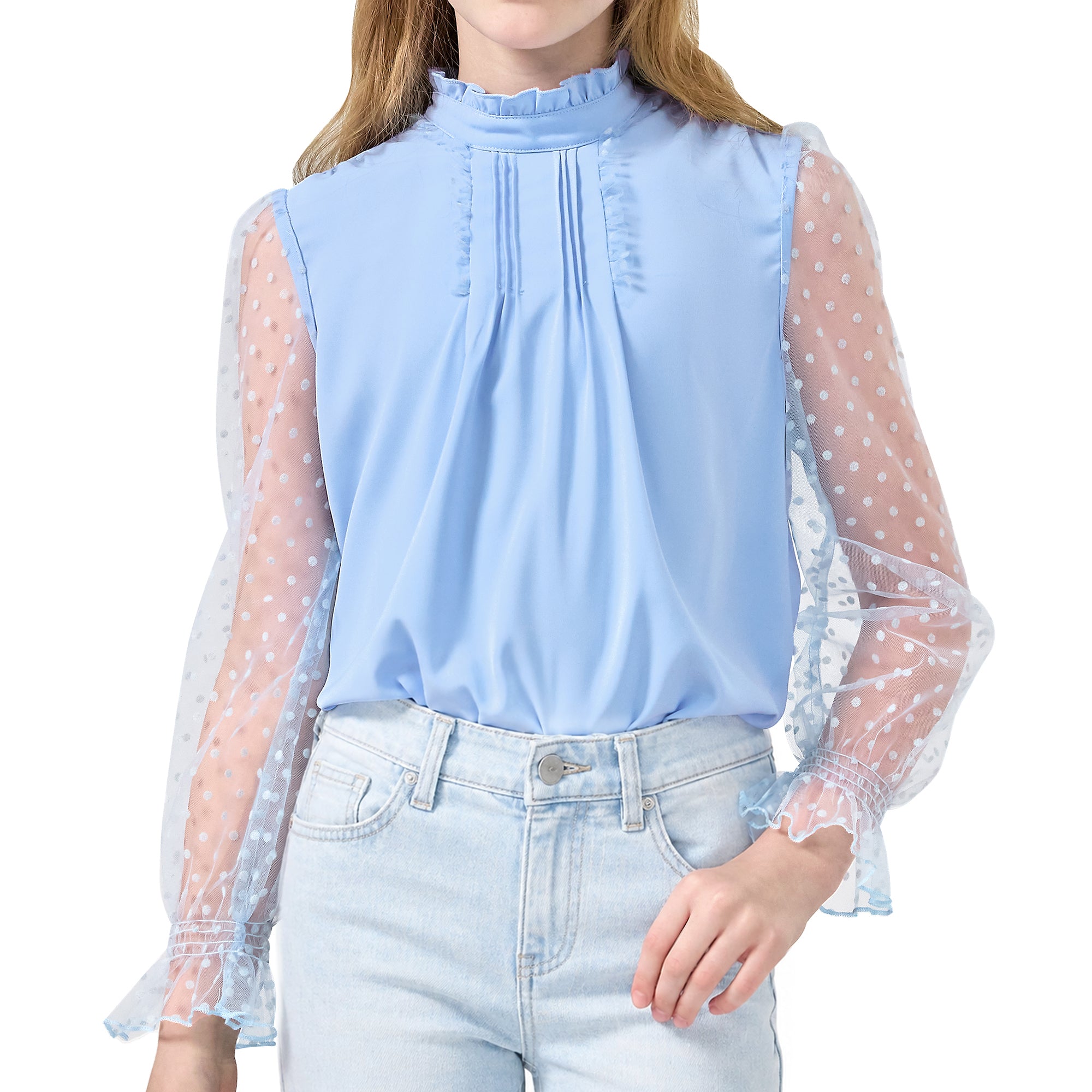 Girls Long Sleeve Shirts Chiffon Blouses with Polka Dot