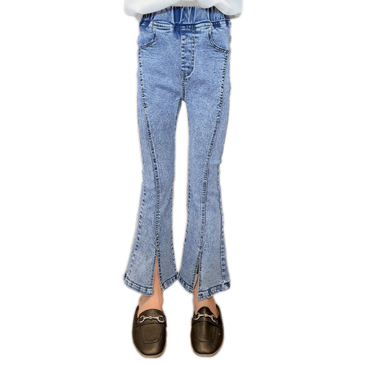 Pantaloni svasati in denim con spacco blu da ragazza 