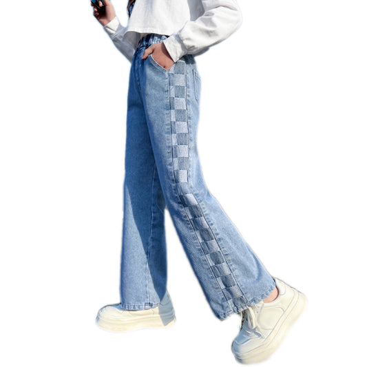 Pantaloni in denim a gamba larga scozzese da ragazza 