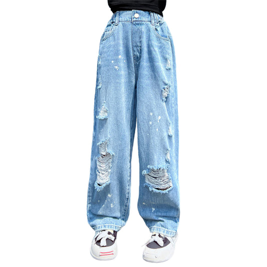 Jeans decorati con vernice strappata da ragazza 