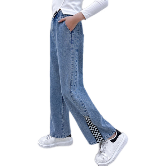 Pantaloni larghi a gamba larga con stampa floreale a scacchiera alla moda da ragazza 