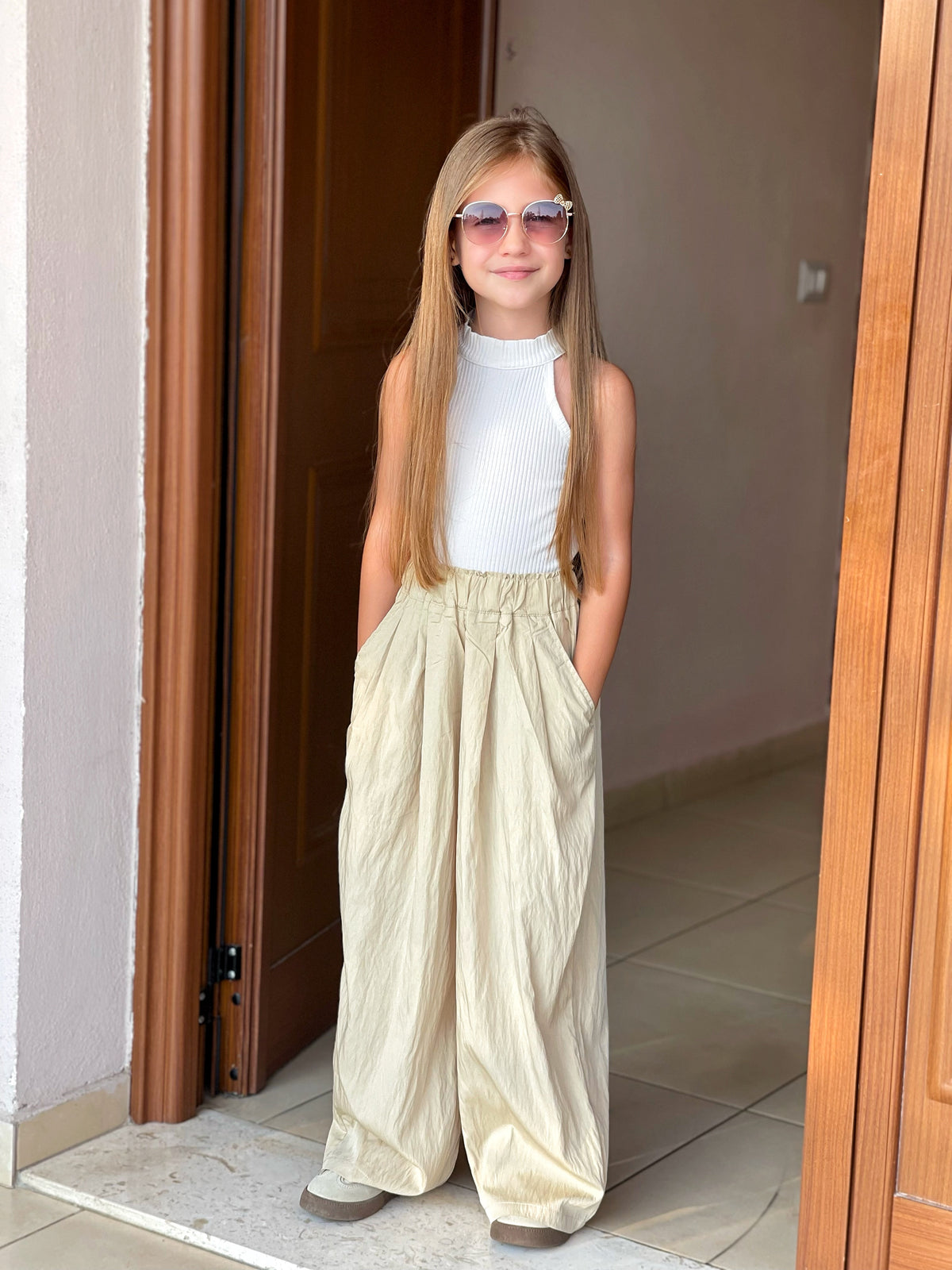 Rolanko Girls Wide Leg Pants Flowy Loose Fit Palazzo Pants for Girls Kids Linen Trousers Casual Beach