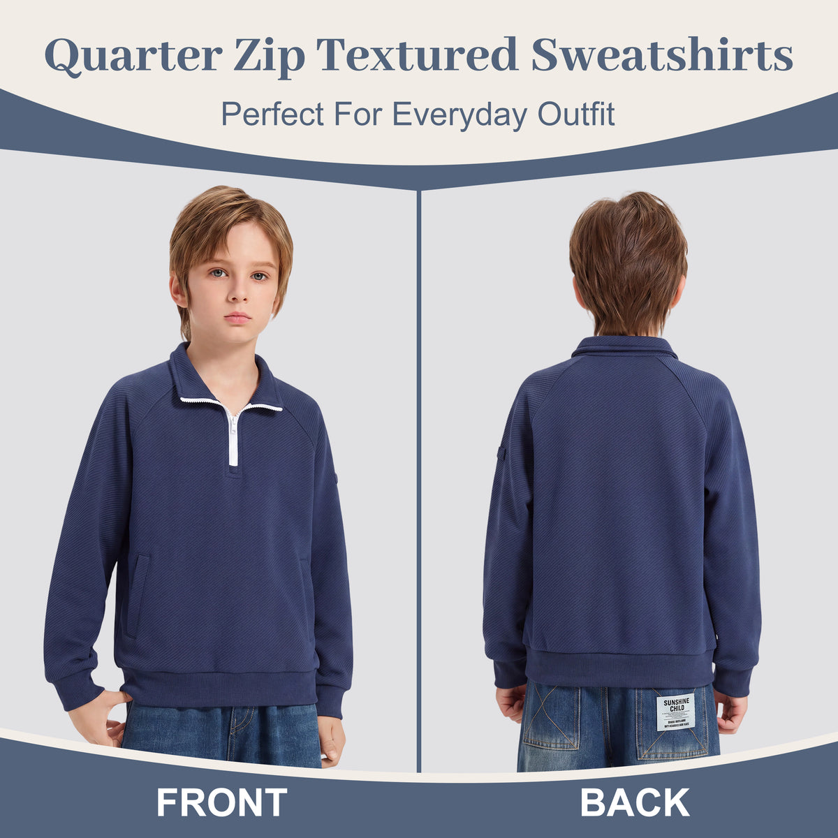 Boys Quarter Zip Pullover, Textured Sweatshirt Long Sleeve