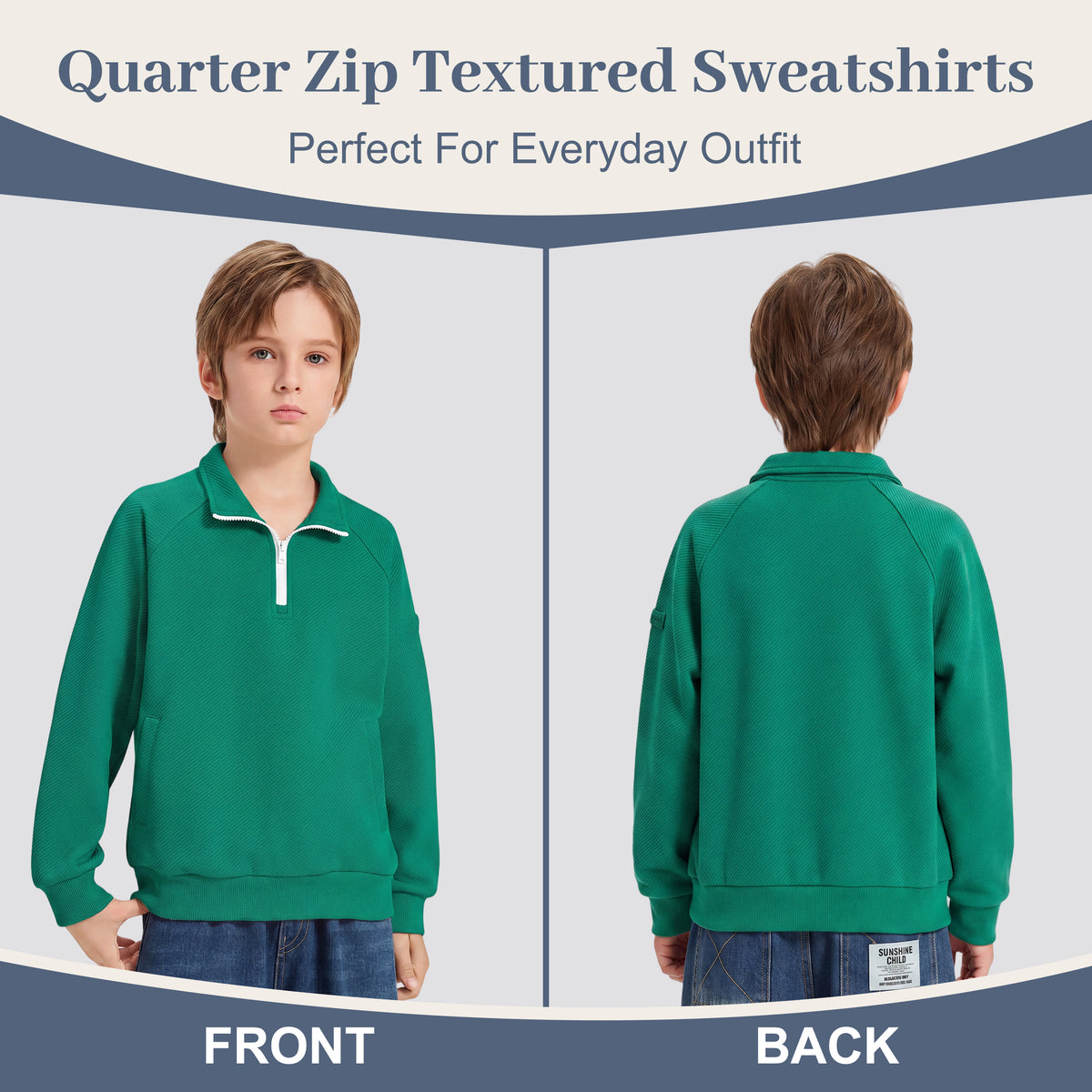 Boys Quarter Zip Pullover, Textured Sweatshirt Long Sleeve