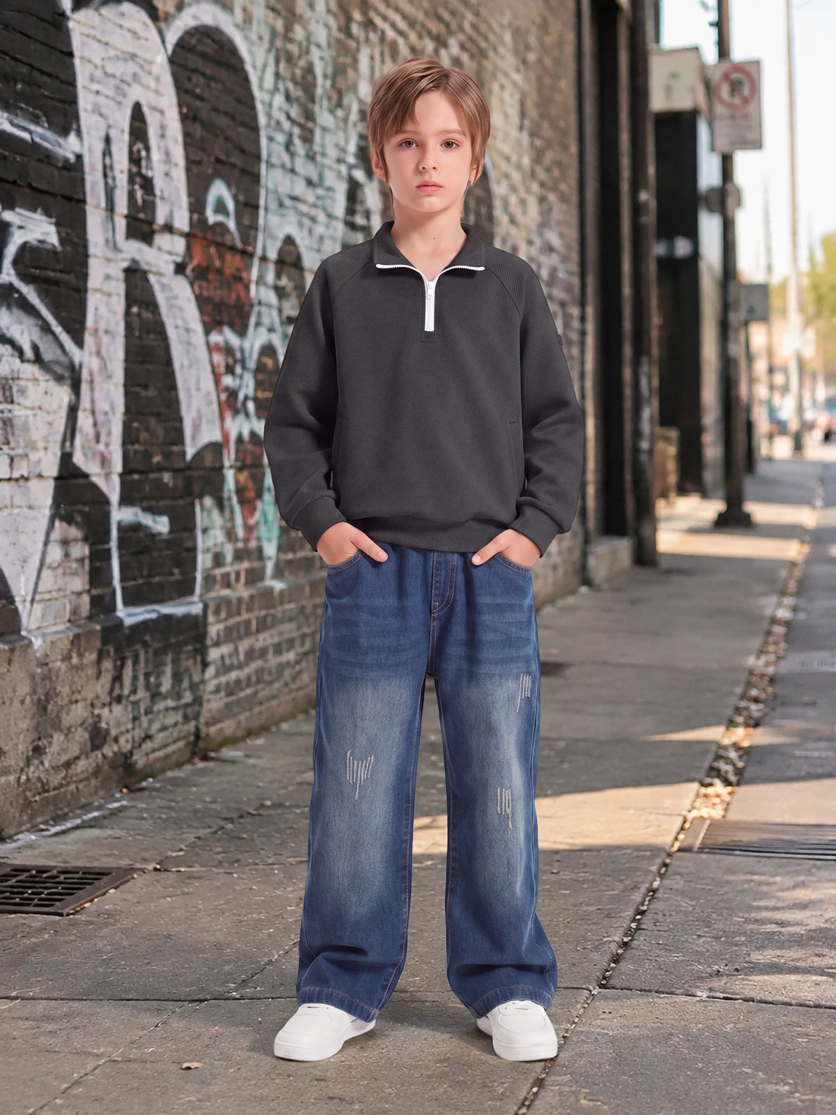 Boys Quarter Zip Pullover, Textured Sweatshirt Long Sleeve