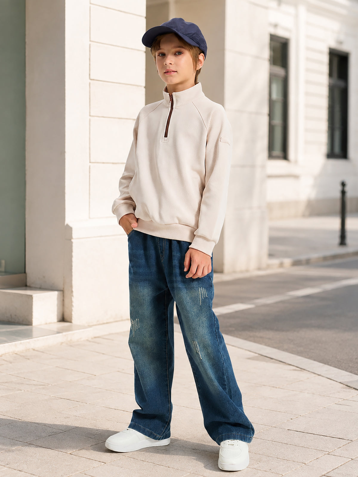 Boys Quarter Zip Pullover, Textured Sweatshirt Long Sleeve