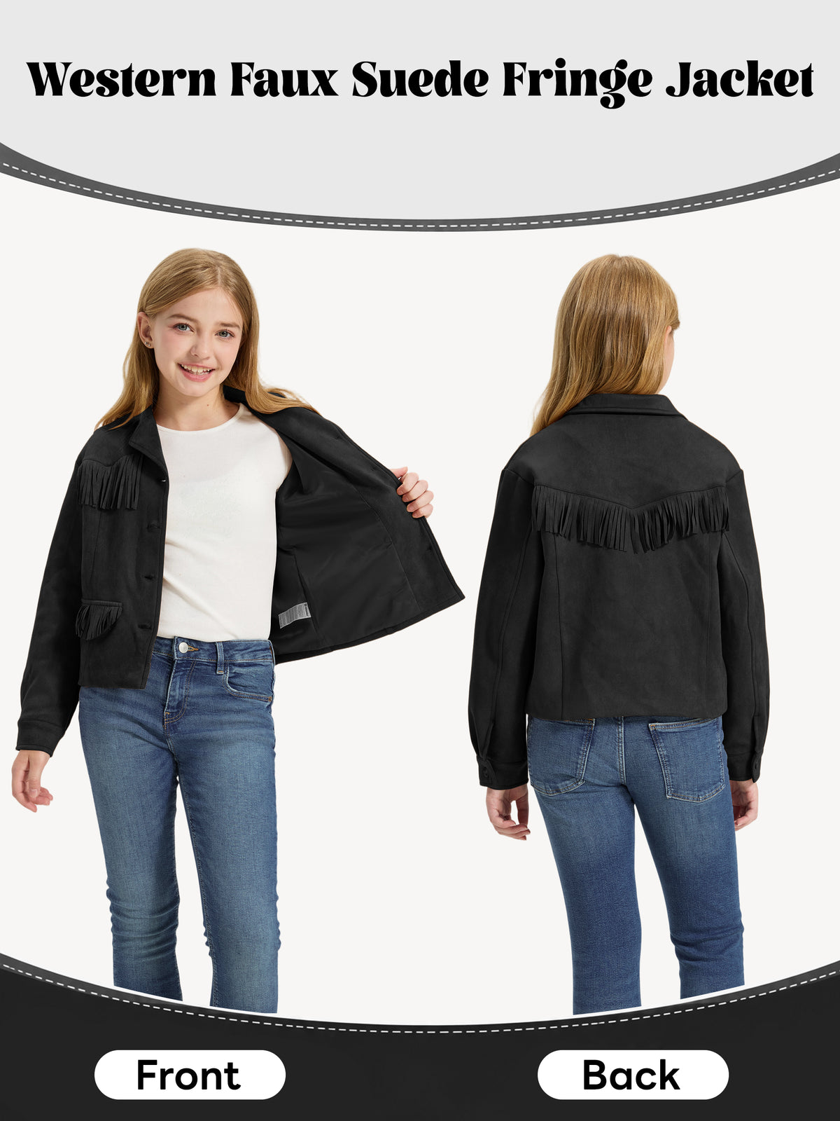 Girls Faux Suede Fringe Jacket Western Cropped Coat
