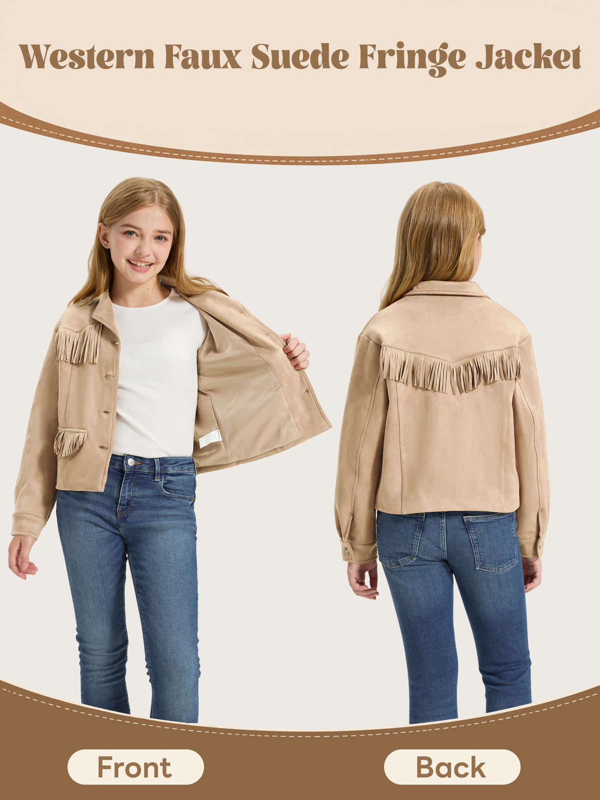 Girls Faux Suede Fringe Jacket Western Cropped Coat
