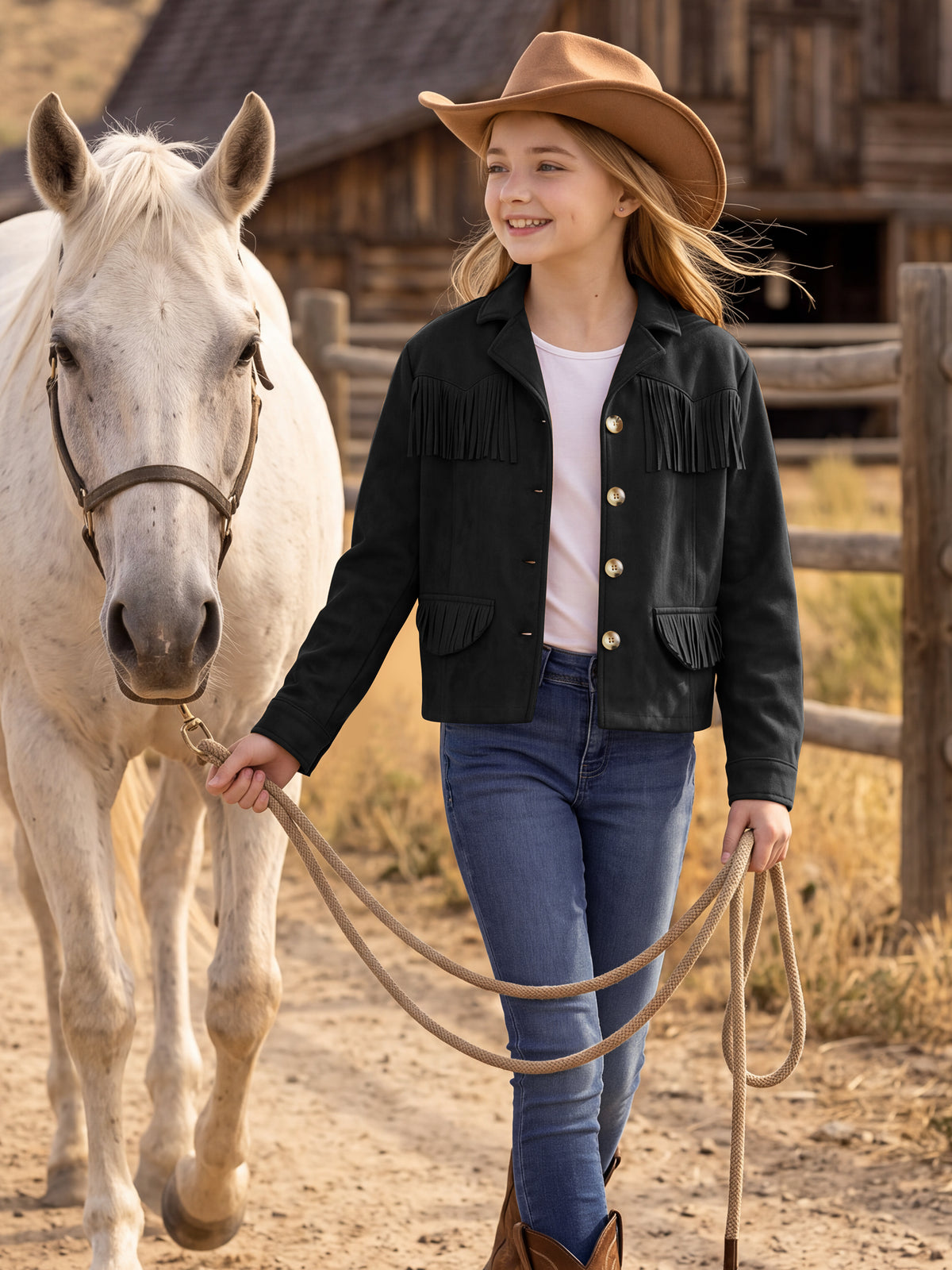Girls Faux Suede Fringe Jacket Western Cropped Coat