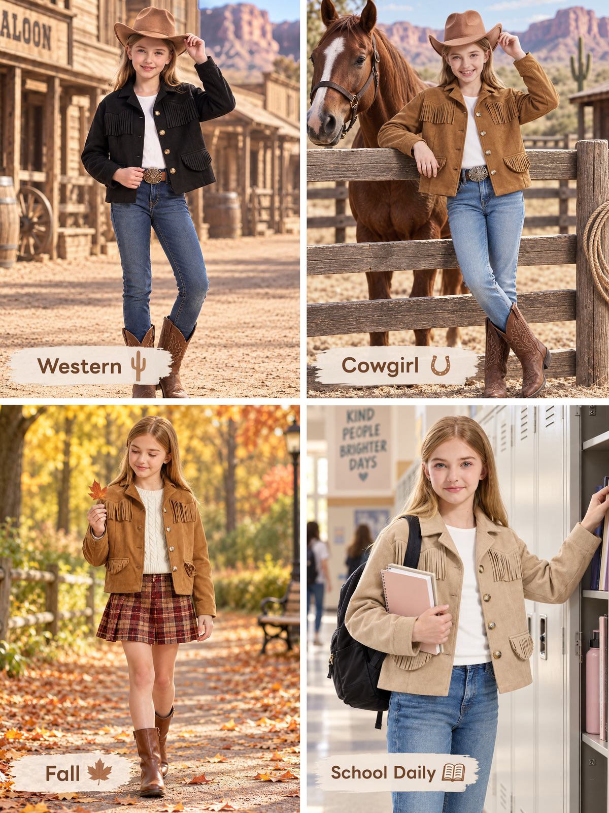 Girls Faux Suede Fringe Jacket Western Cropped Coat
