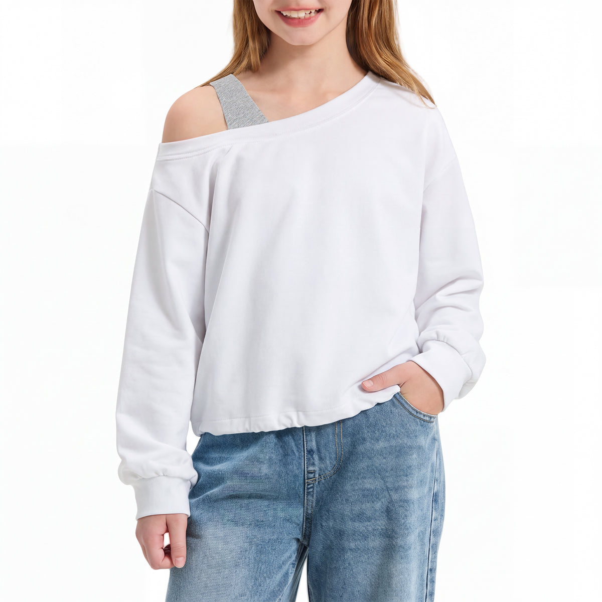 Girls Off The Shoulder Crop Sweatshirt Pullover