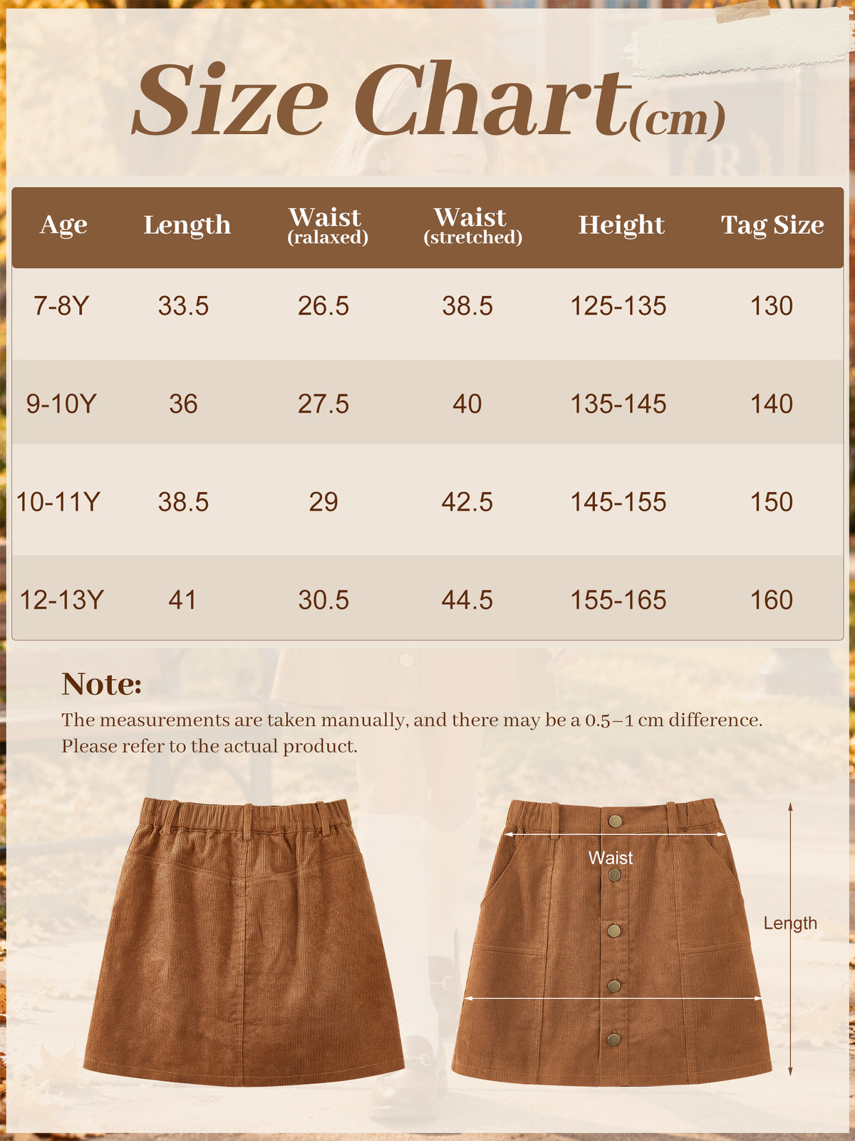 Girls Corduroy Fall Winter A-Line Mini Skirt
