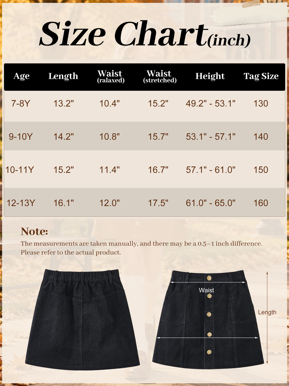 Girls Corduroy Fall Winter A-Line Mini Skirt