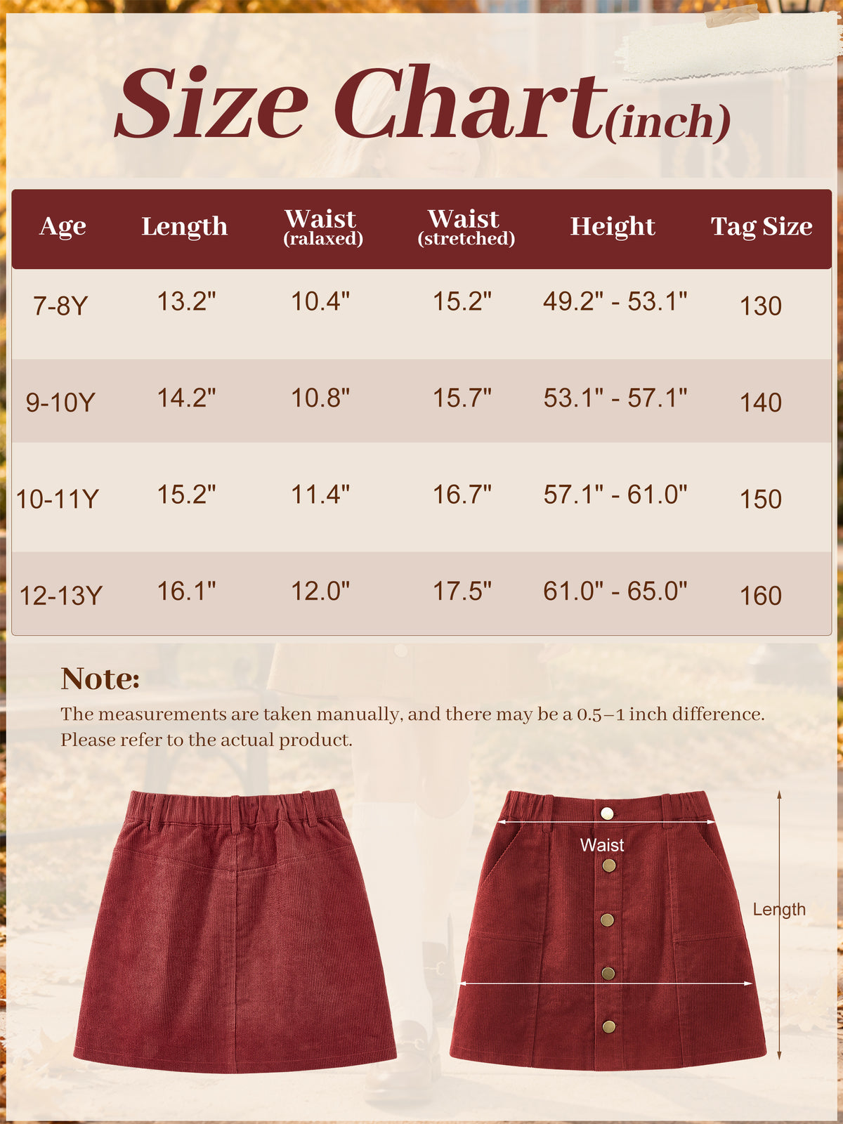 Girls Corduroy Fall Winter A-Line Mini Skirt