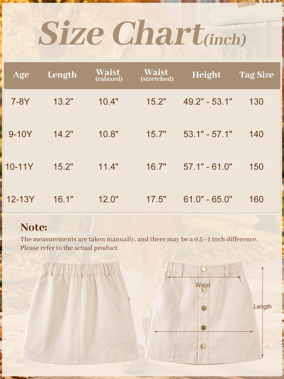 Girls Corduroy Fall Winter A-Line Mini Skirt