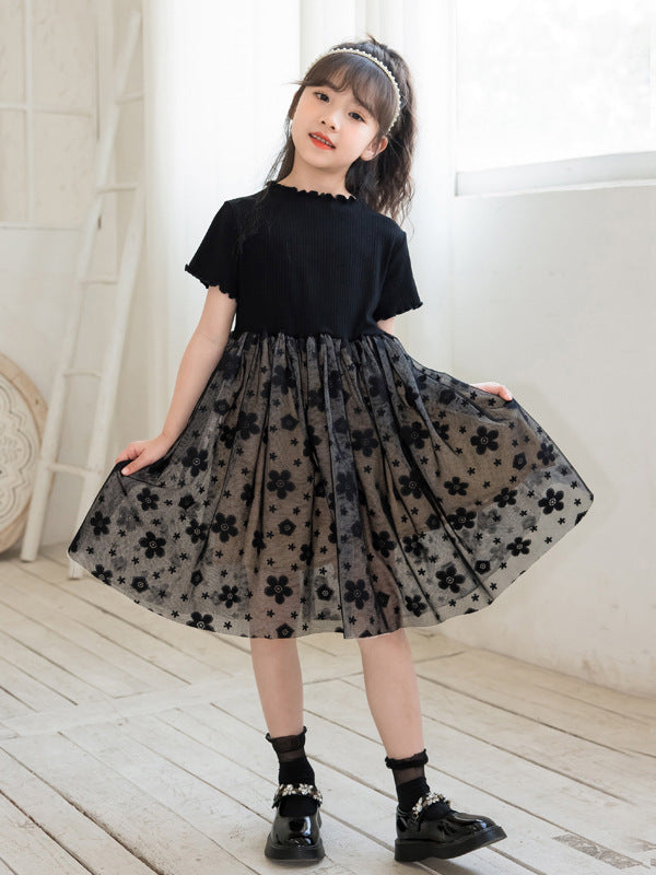 Girls Princess Dress Black Knitting Mesh Splicing Tutu Dress