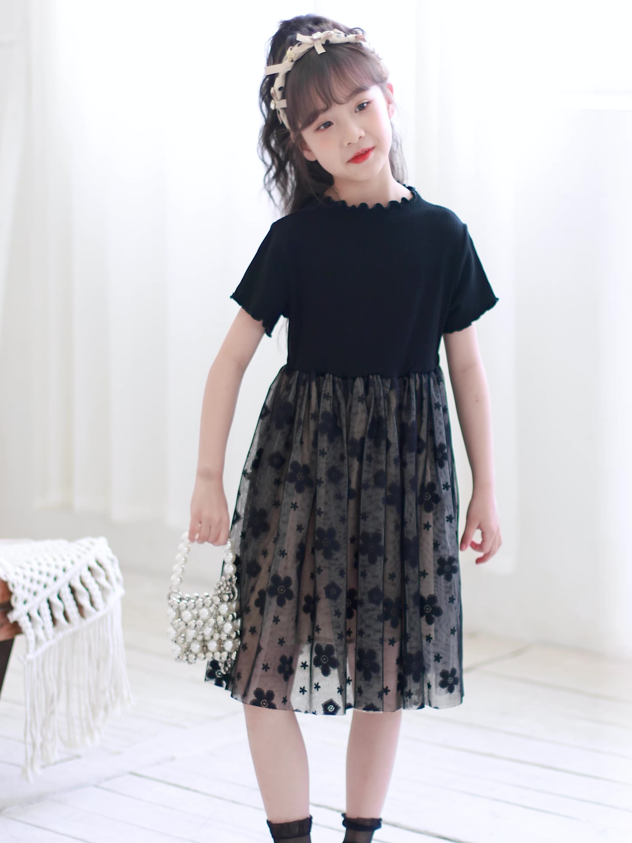 Girls Princess Dress Black Knitting Mesh Splicing Tutu Dress