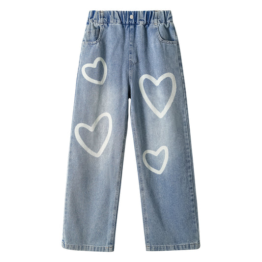 Girls Elastic Waist Blue Love Jeans